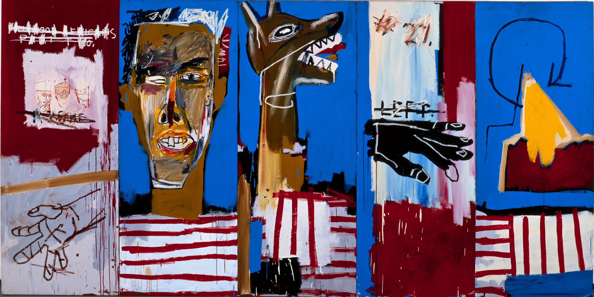 an abstract red, white, black and blue basquiat painting of hands, a man's face, and a dog