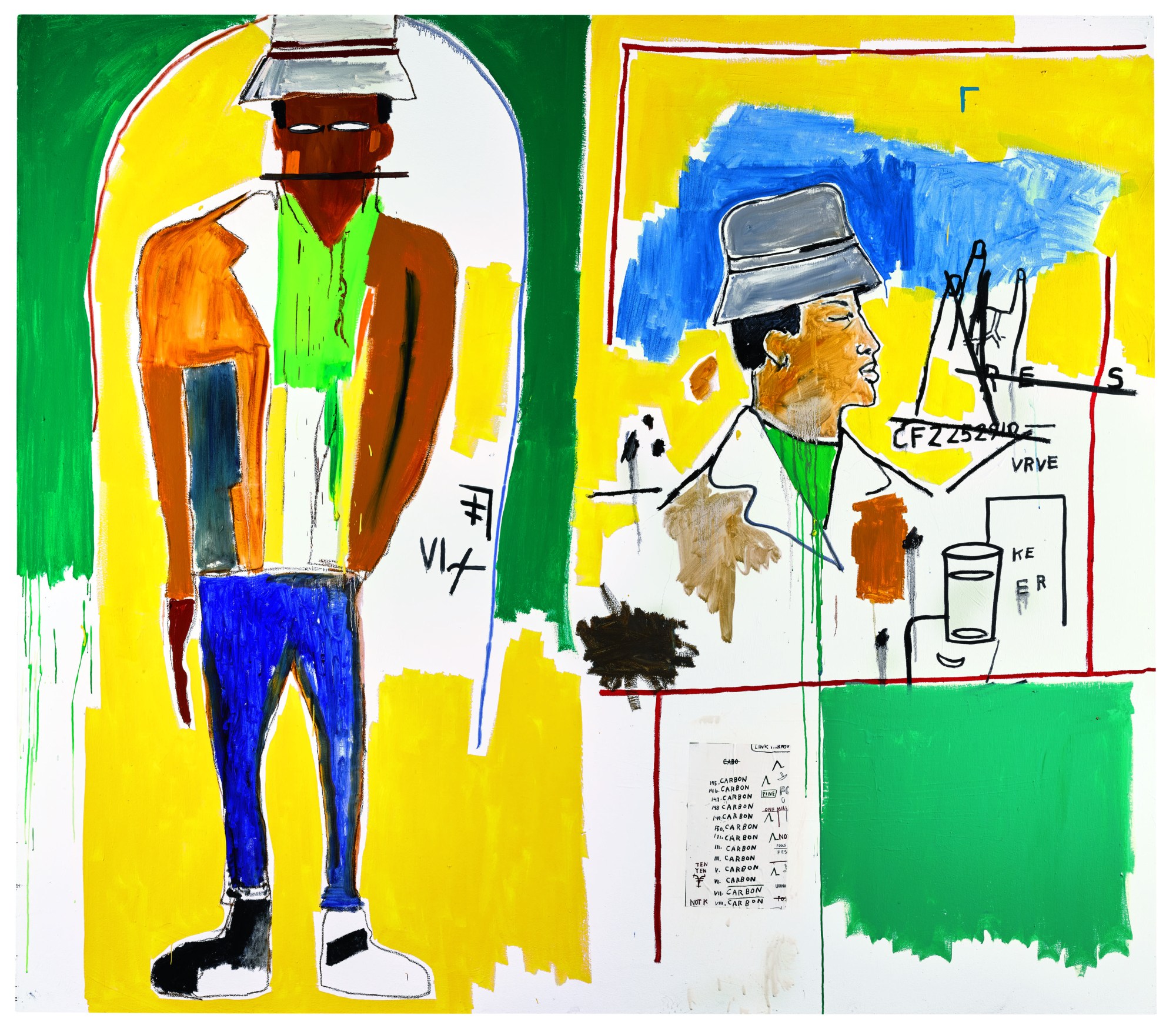 an abstract basquiat painting of two men in jackets and grey hats with a green and yellow background