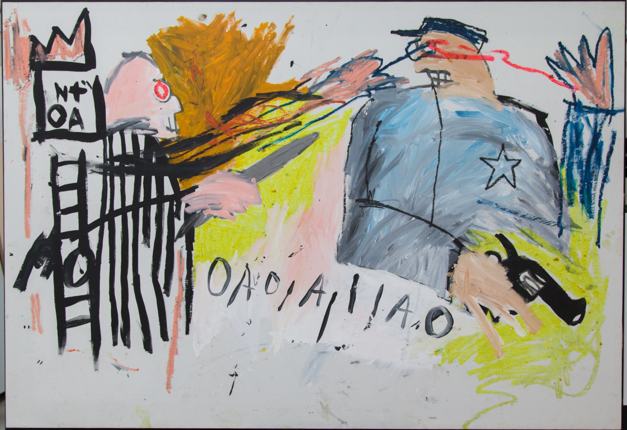 an abstract grey, blue, yellow and orange basquiat painting of a police sherrif