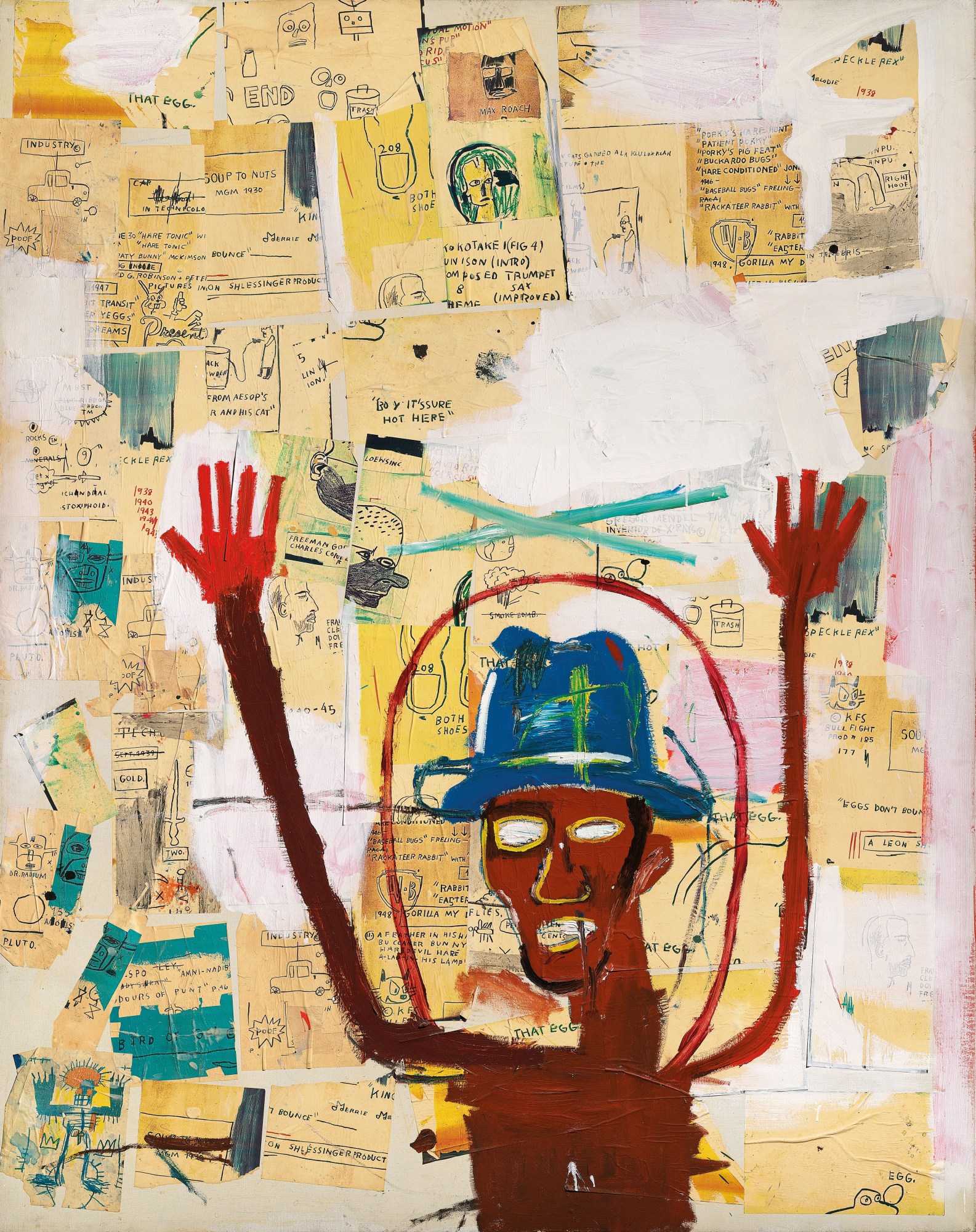 a basquiat painting of a man with outstretched arms wearing a blue hat