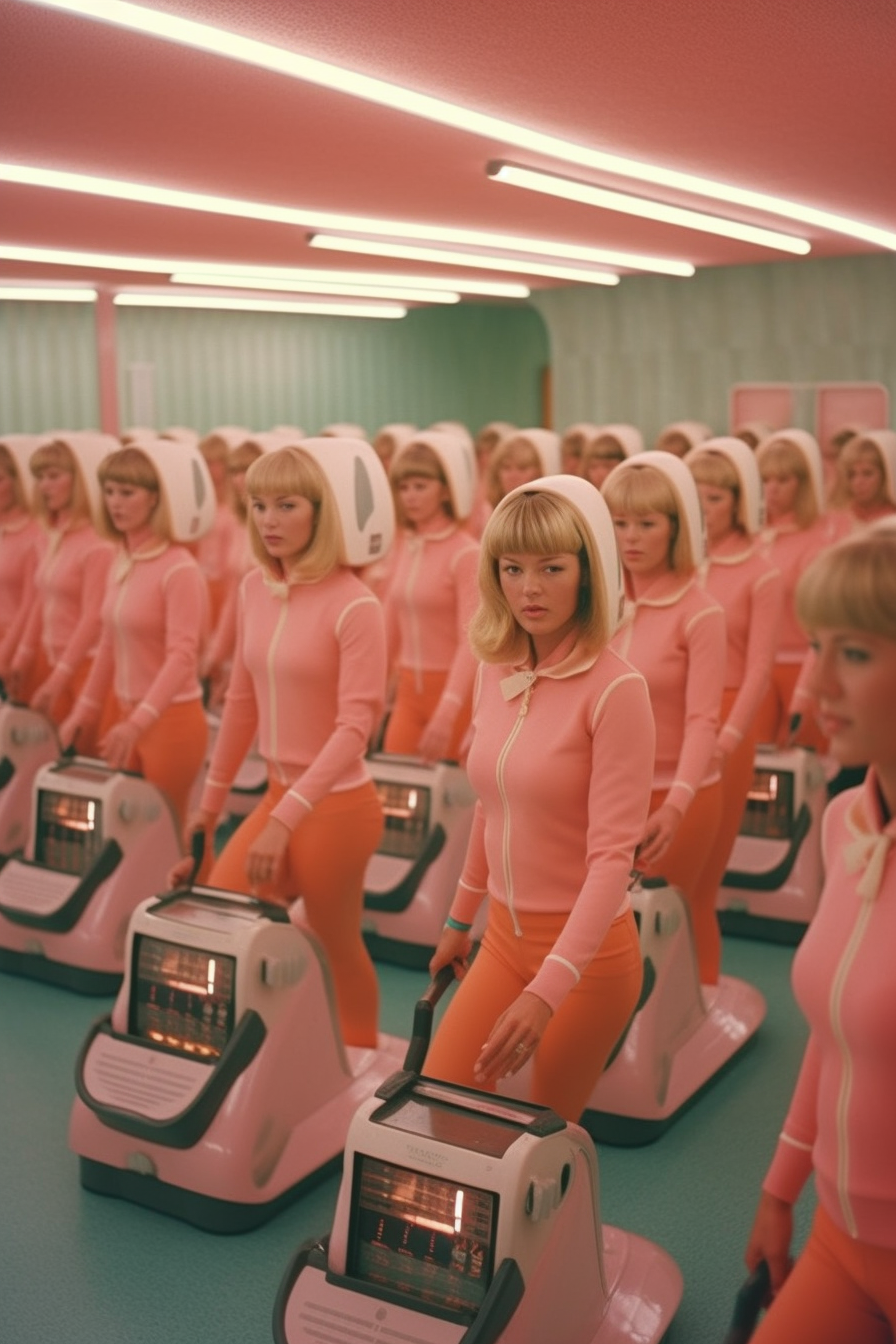 AI art of women in pink matching zip up jumpers standing in front of a pink machine