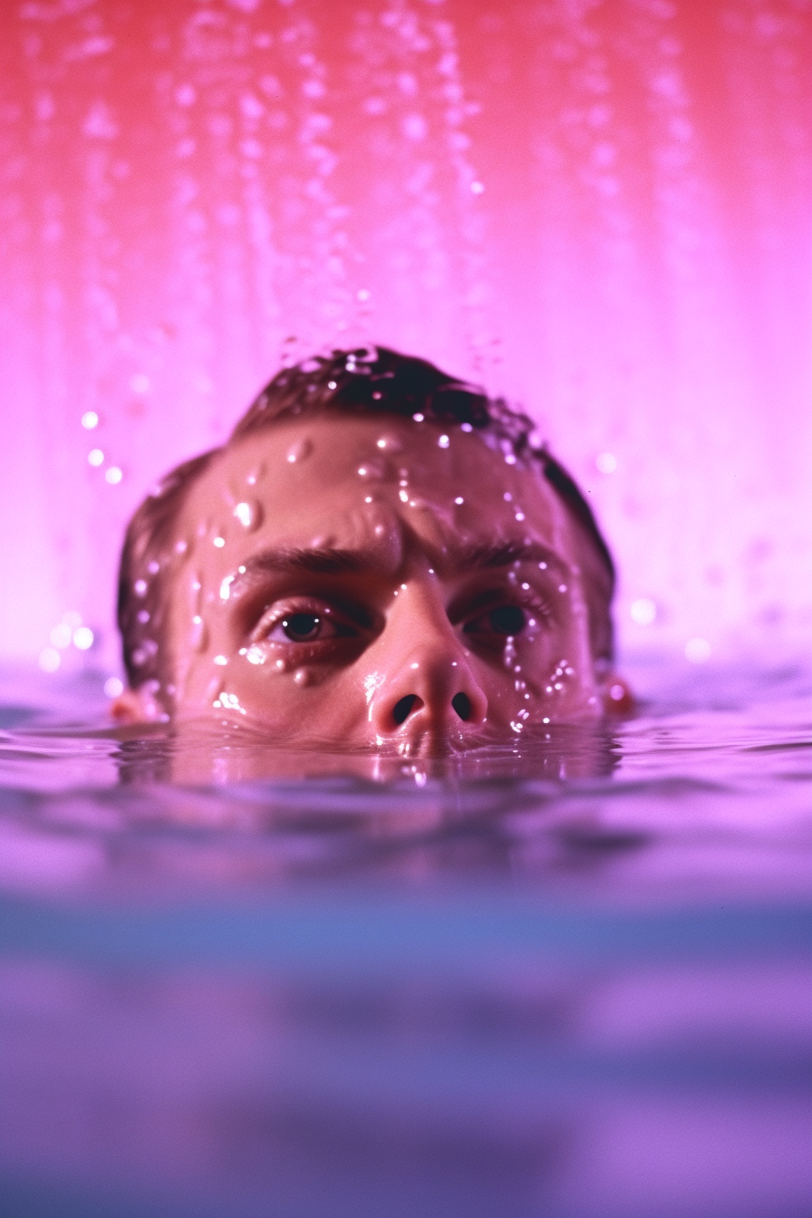 AI art of a man's face emerging from purple hued water