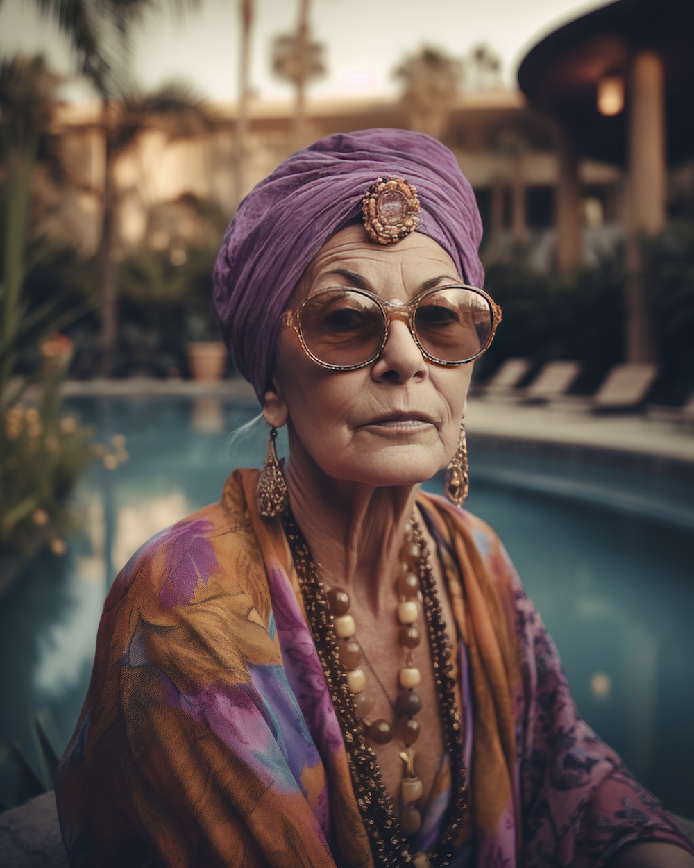 AI art of old woman in a turban and silk gown sitting by a pool