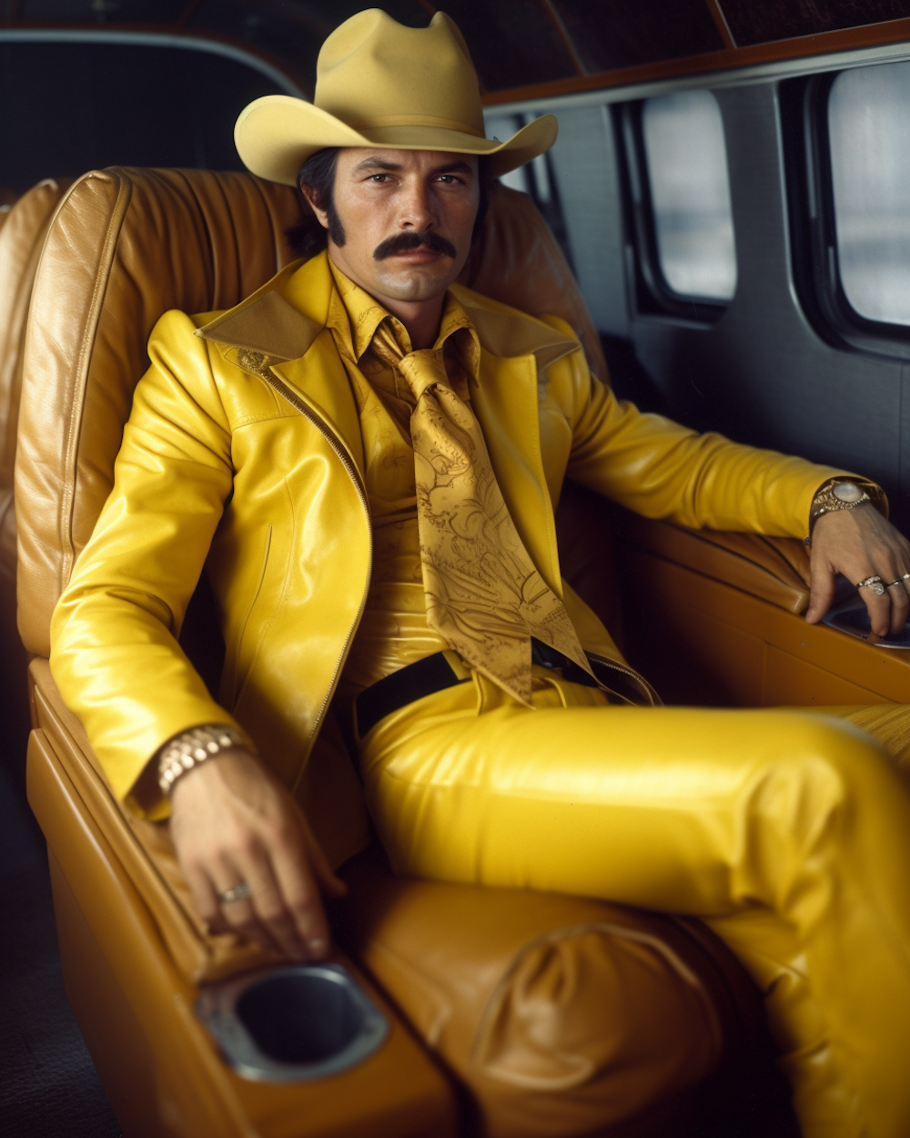 AI art of cowboy in a yellow leather suit on a plane