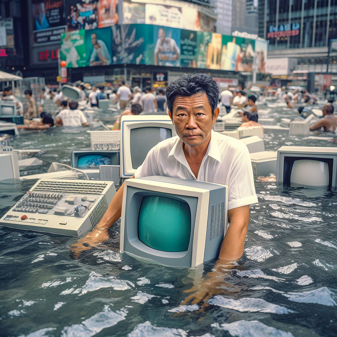 AI art of old man holding computer in flooded city square