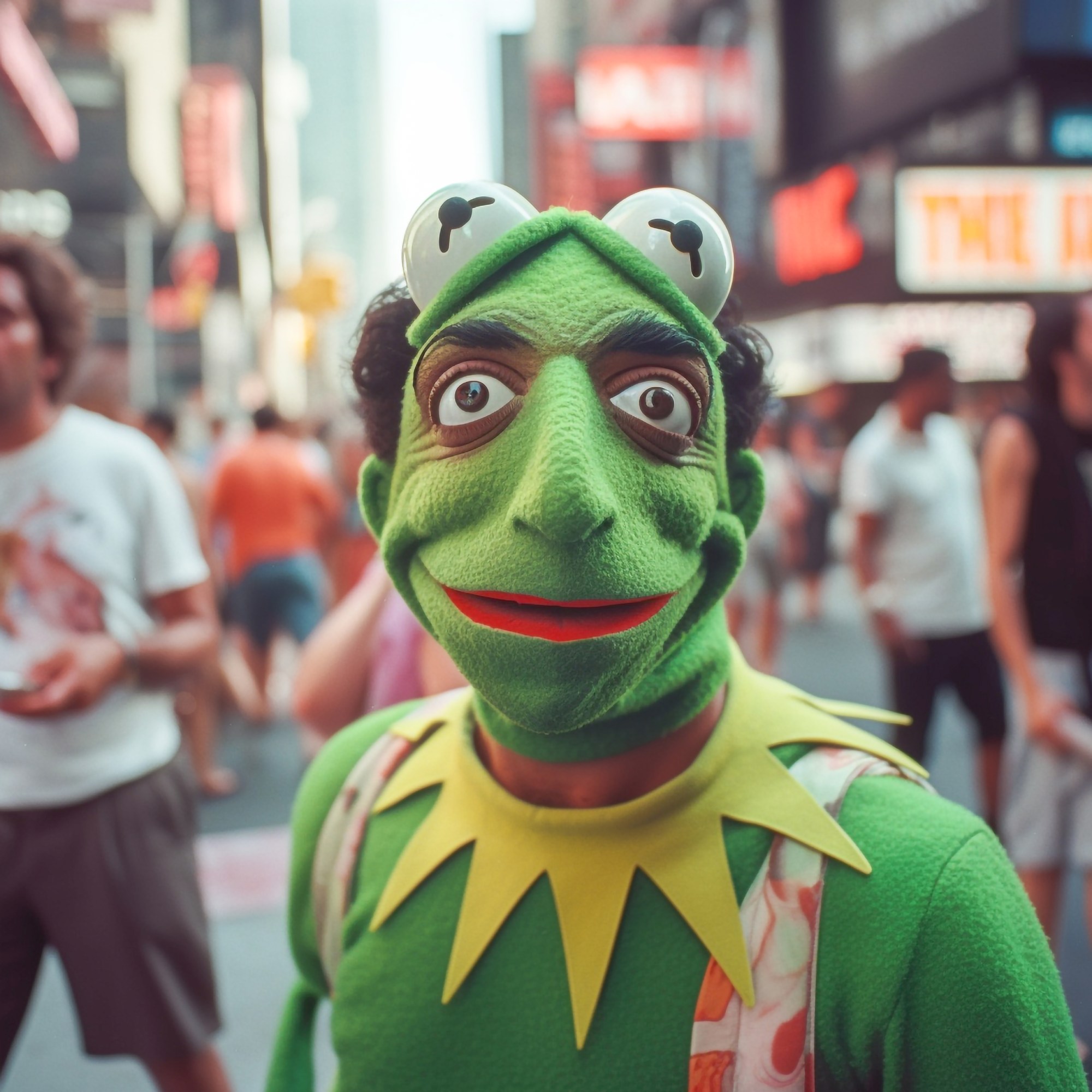 AI art of man wearing realistic kermit mask in Times Square