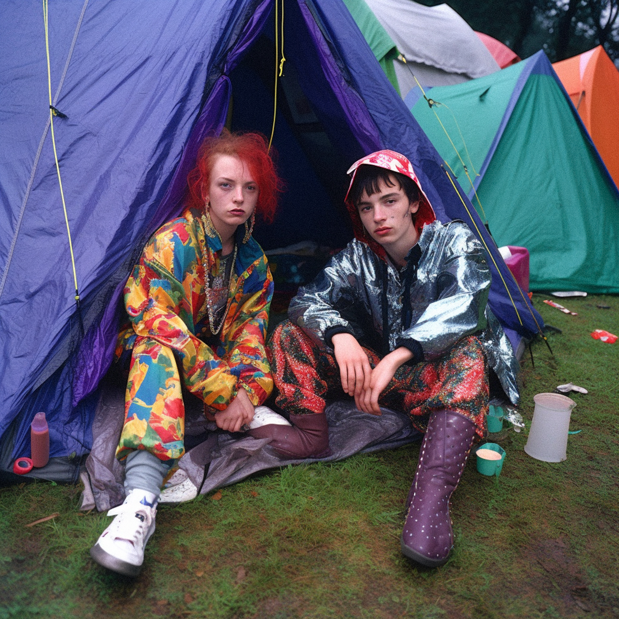 an ai photograph of two teenagers in a tent at a festival