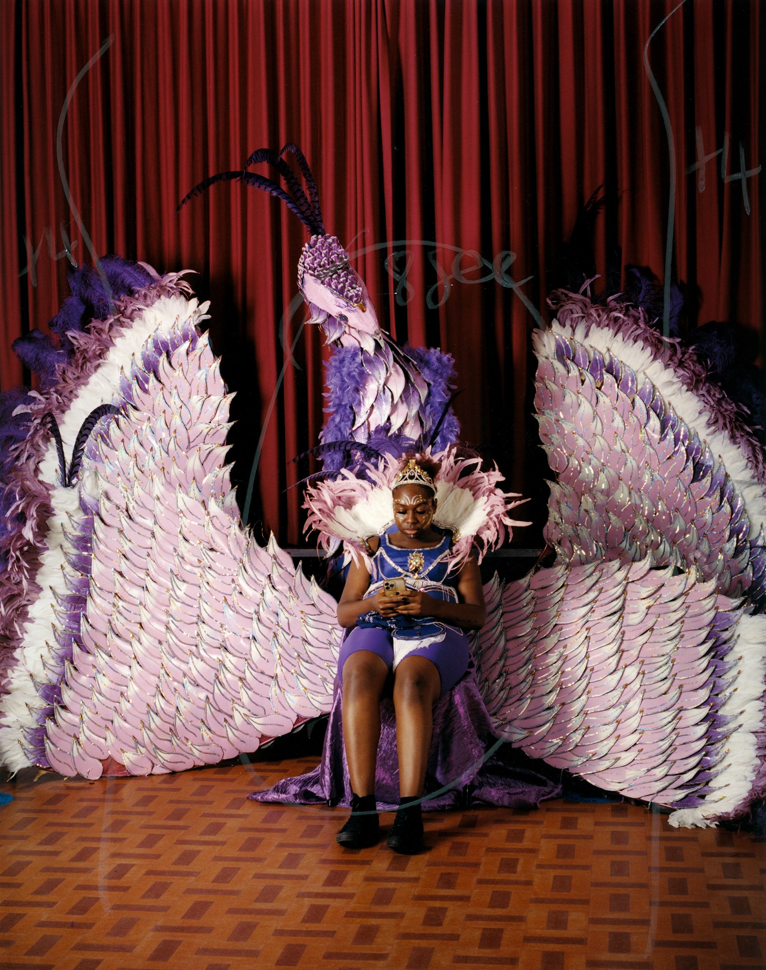 a portrait of a person in a school hall setting wearing an elaborate dress in lilac feathers and costume