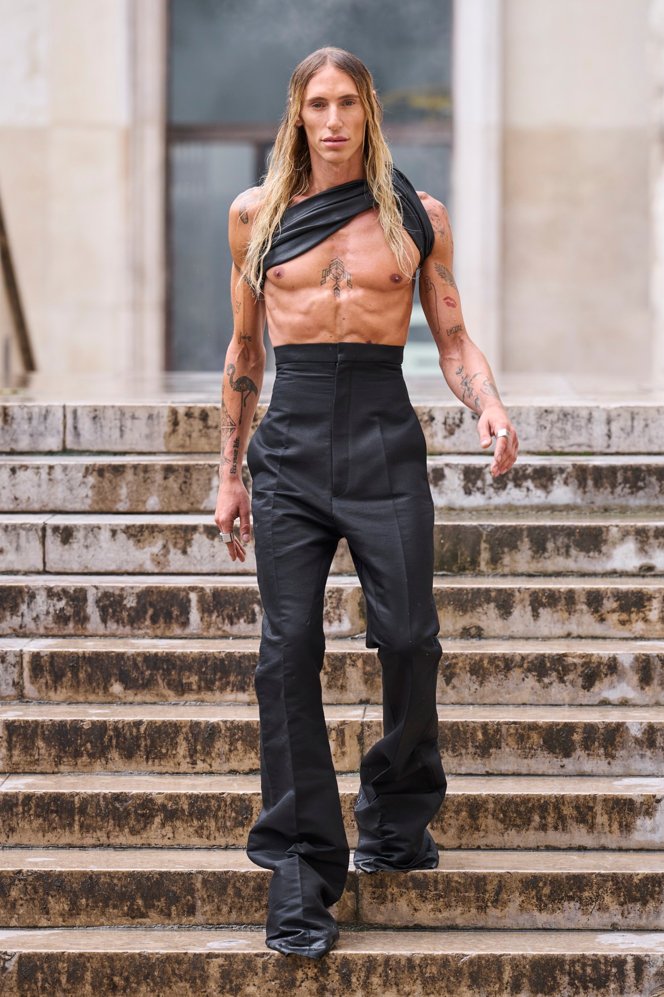 Model walking for Rick Owens show at Paris Fashion Week Men's SS24