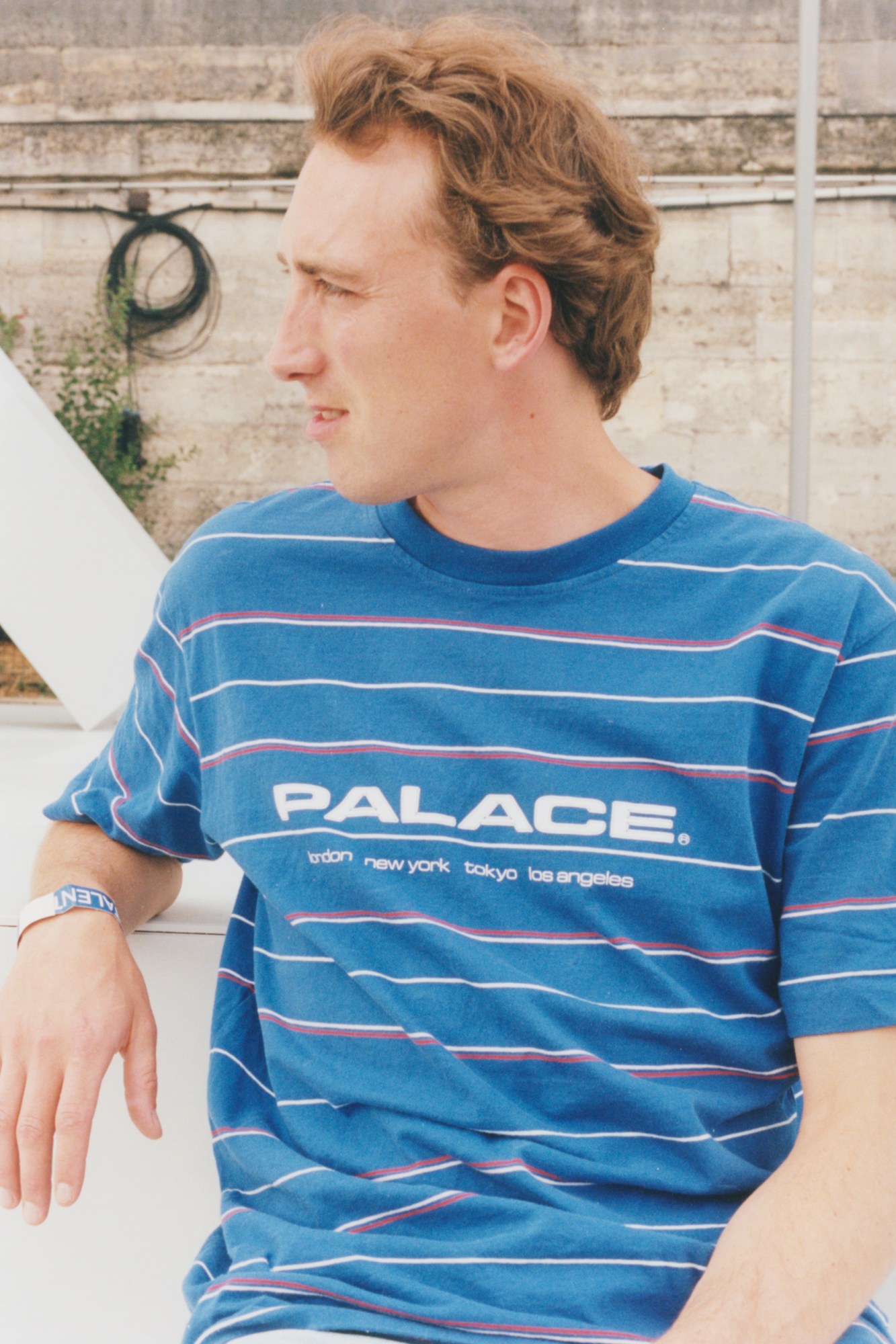 rory milanes look off in a striped blue palace t-shirt