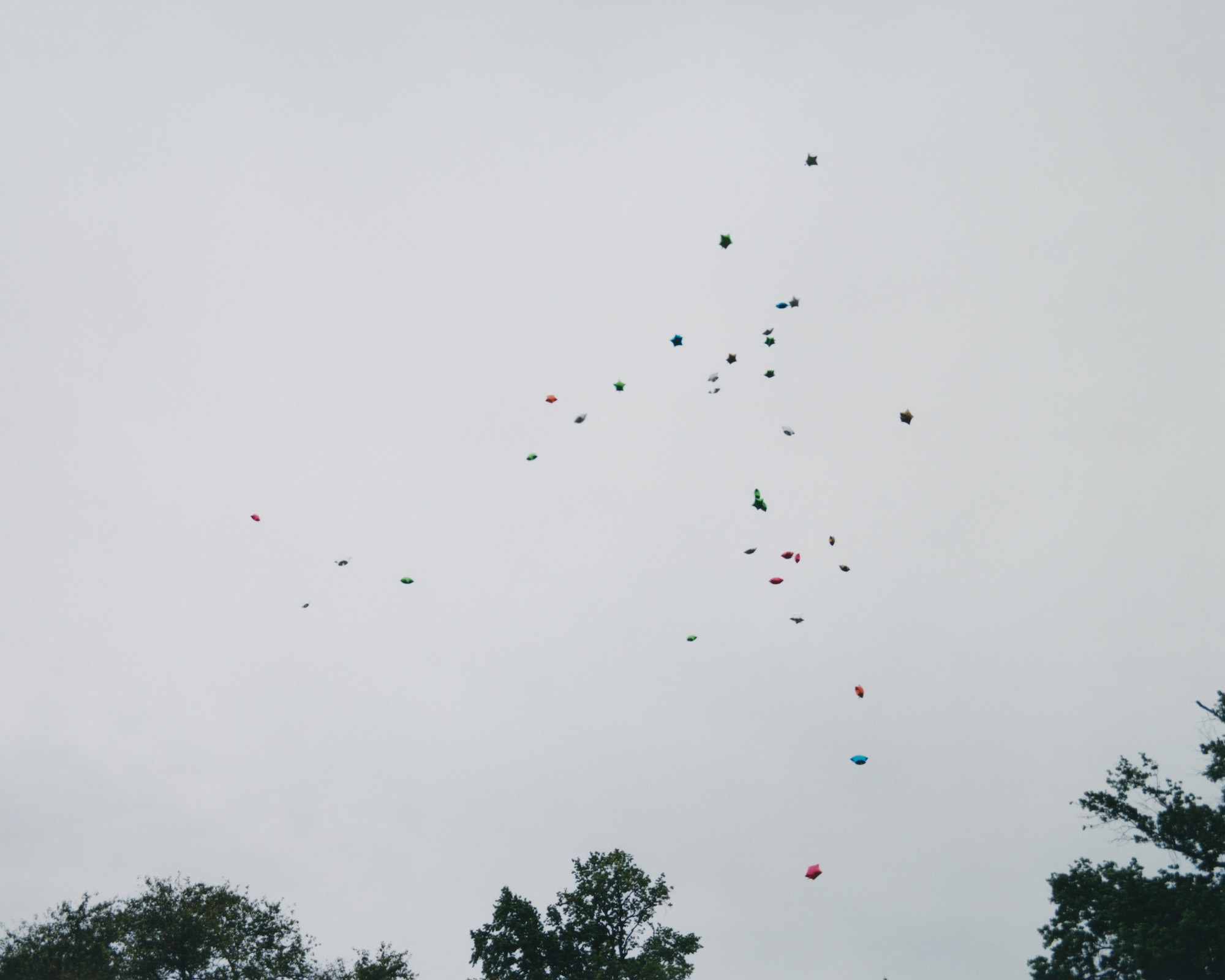 mylar balloons floating off into the sky over trees