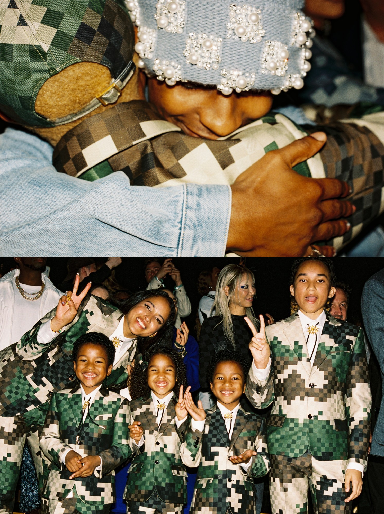 Photograph by Francesc Planes of Pharrell and children at the Louis Vuitton show at Paris Fashion Week Men's SS24