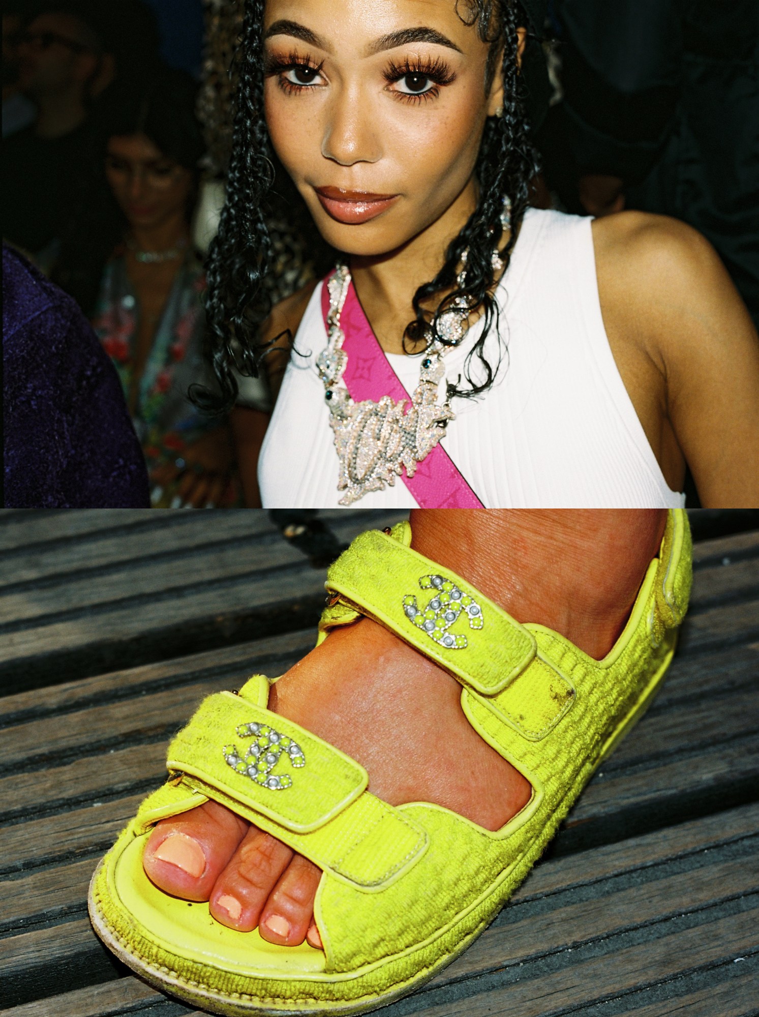 Photograph by Francesc Planes of Coi Leray and a foot in Chanel sandals at Paris Fashion Week Men's SS24