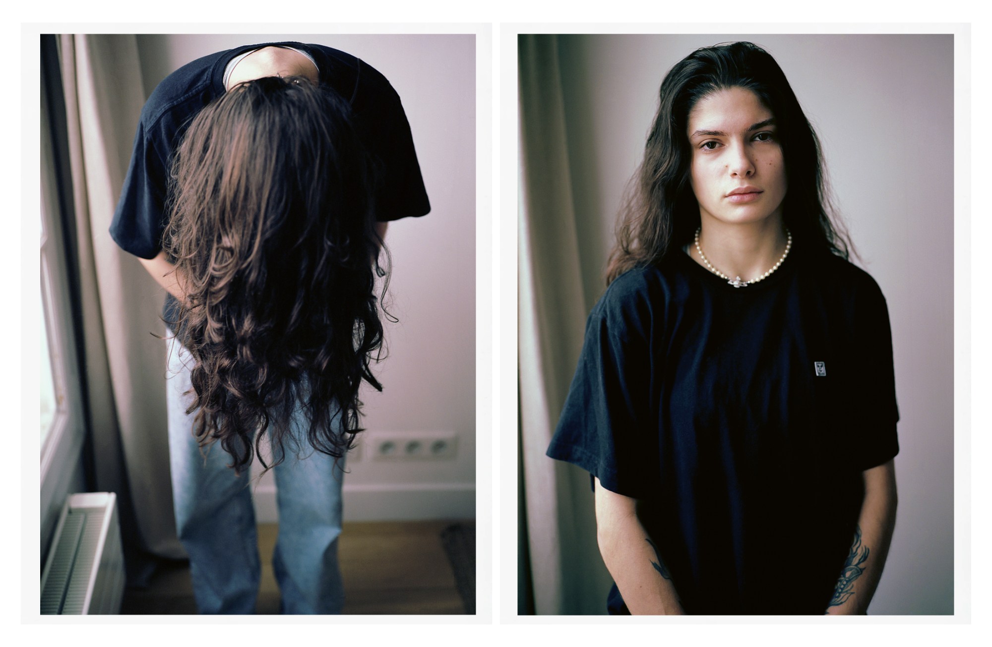 a diptych image of a parisian young person. in one, they are leaning over and their long brunette hair is covering their face. their blue jeans are on show. in another they look at the camera. they are white, have tattooes on their arms and are wearing a vivienne westwood necklace.