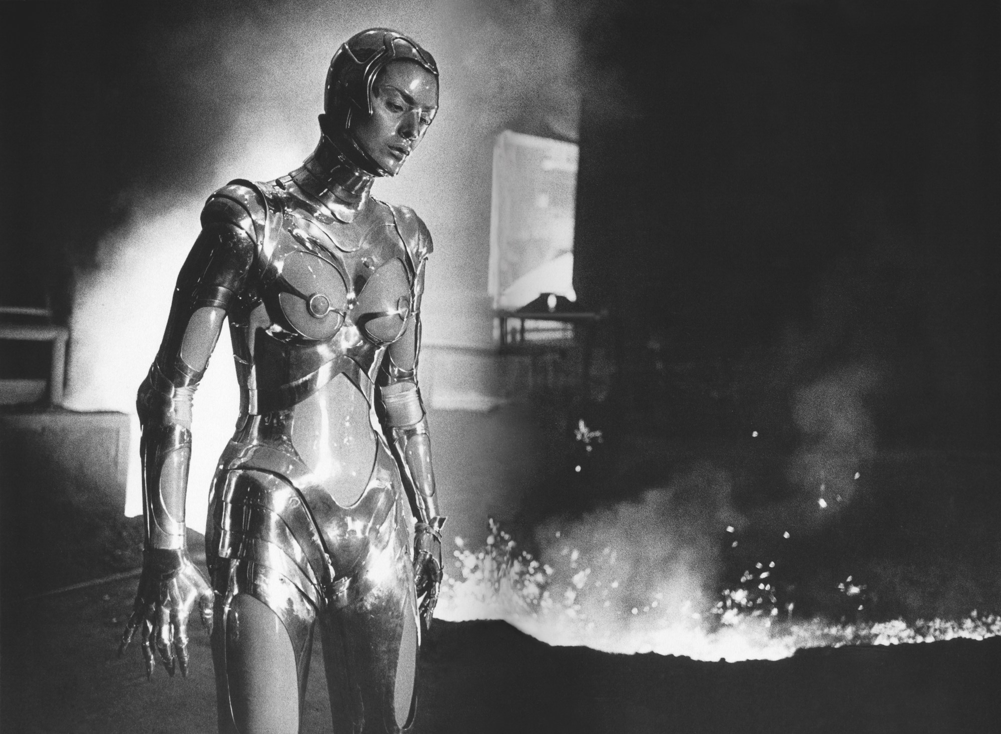 black-and-white image of robot dressed in thierry mugler