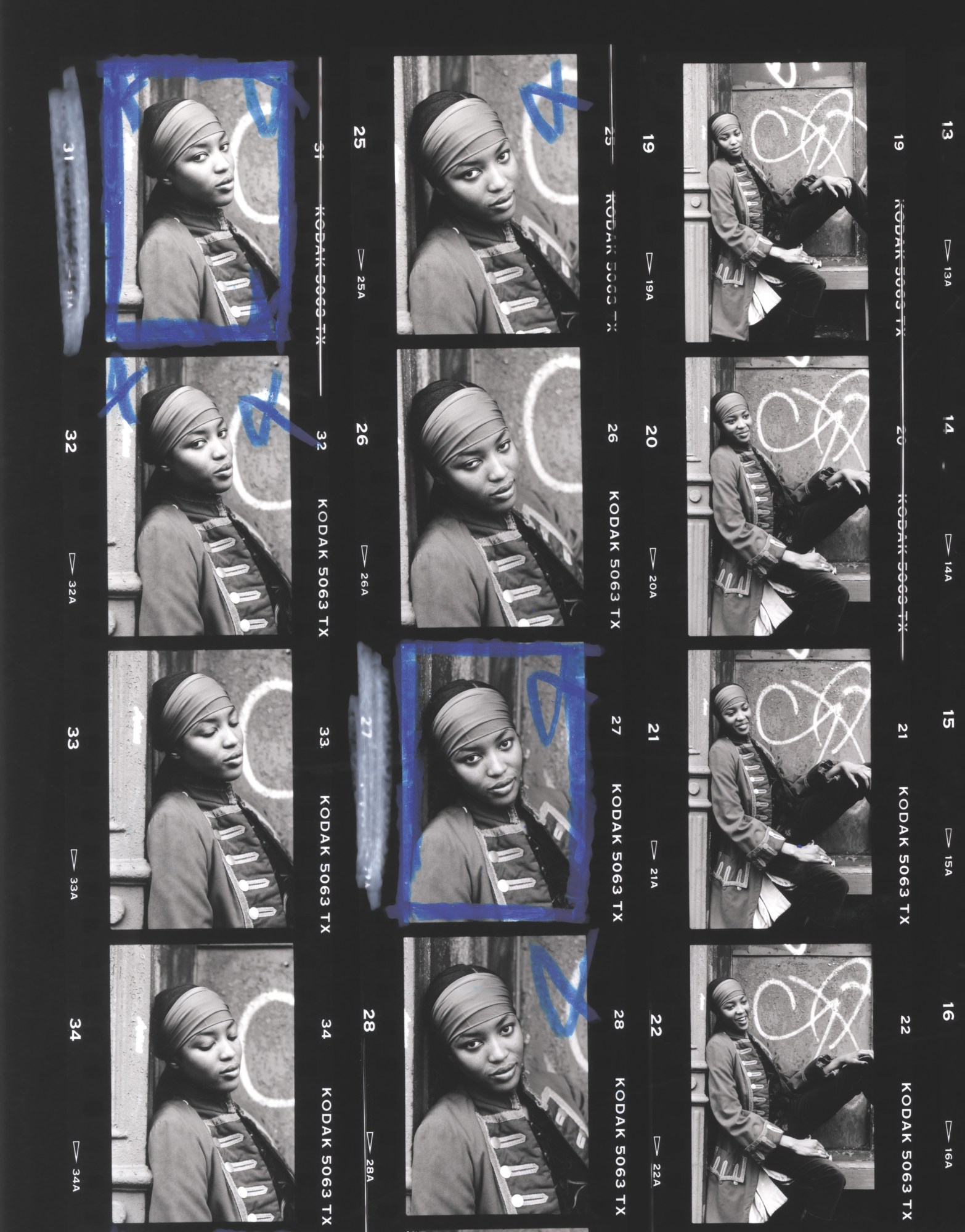 black-and-white contact sheet images of a young naomi campbell