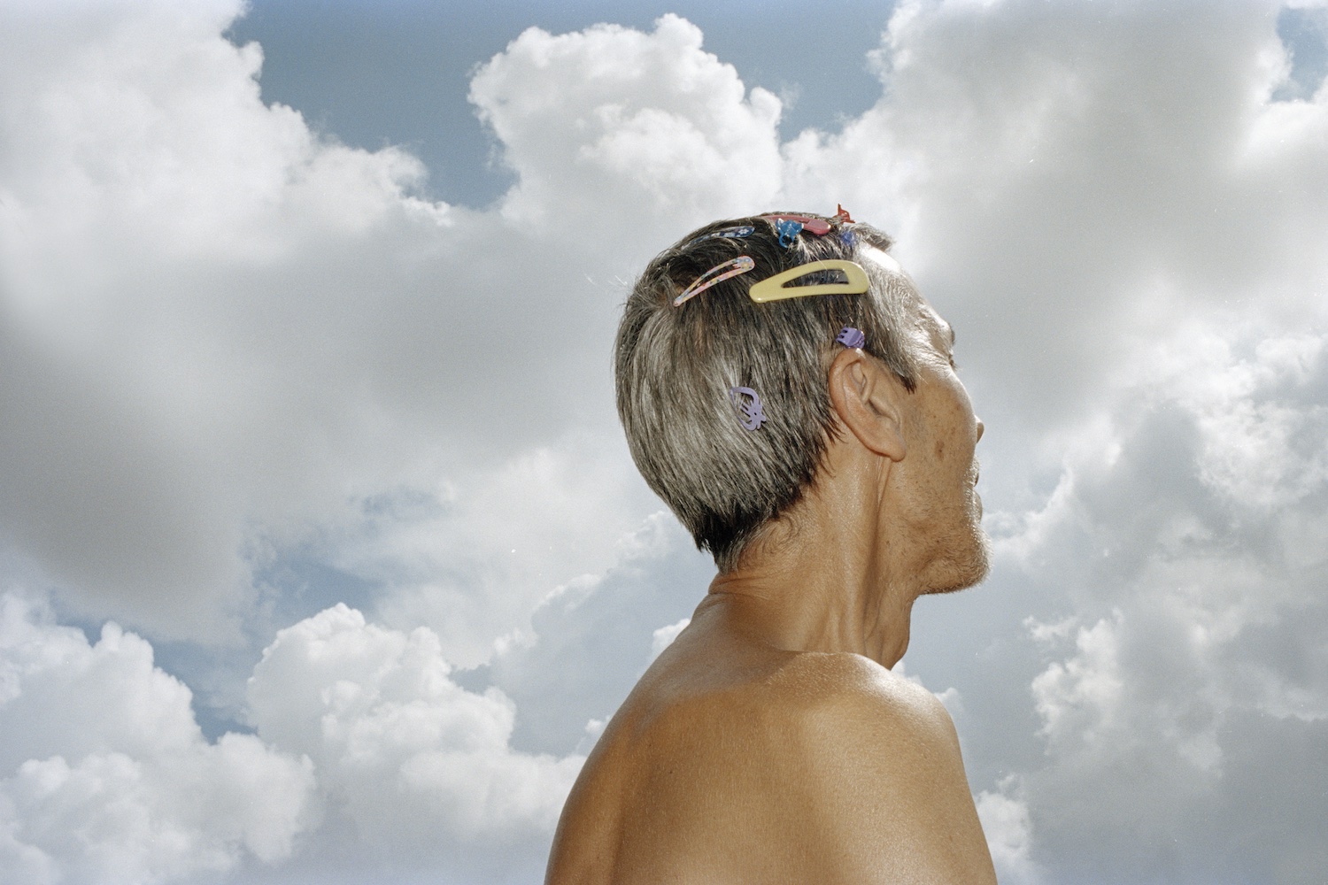 the profile a man with grey hair and different coloured hair clips against a cloudy sky