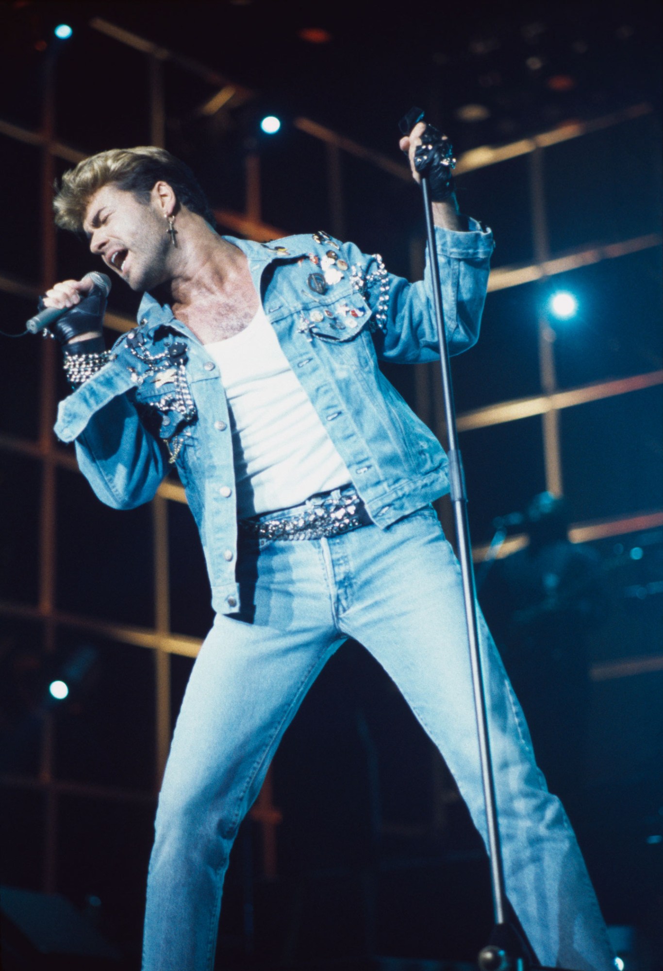 george michael wearing double denim on stage