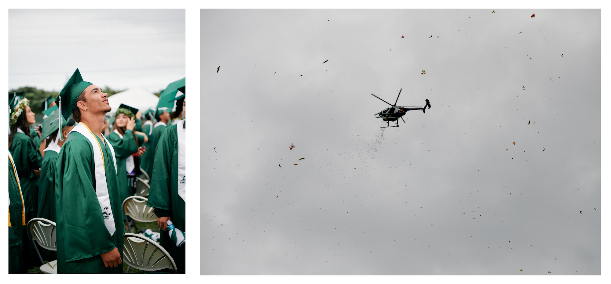 Kapaʻa High School student looking up at a helicopter and balloons in the sky in hawaii