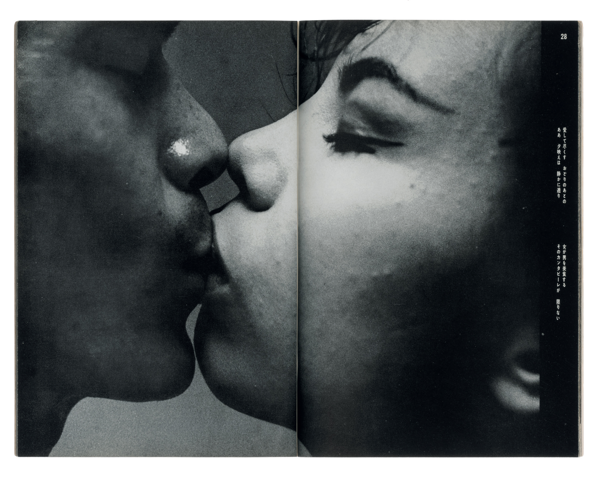 black-and-white image of two people in profile kissing with a crease down the centre