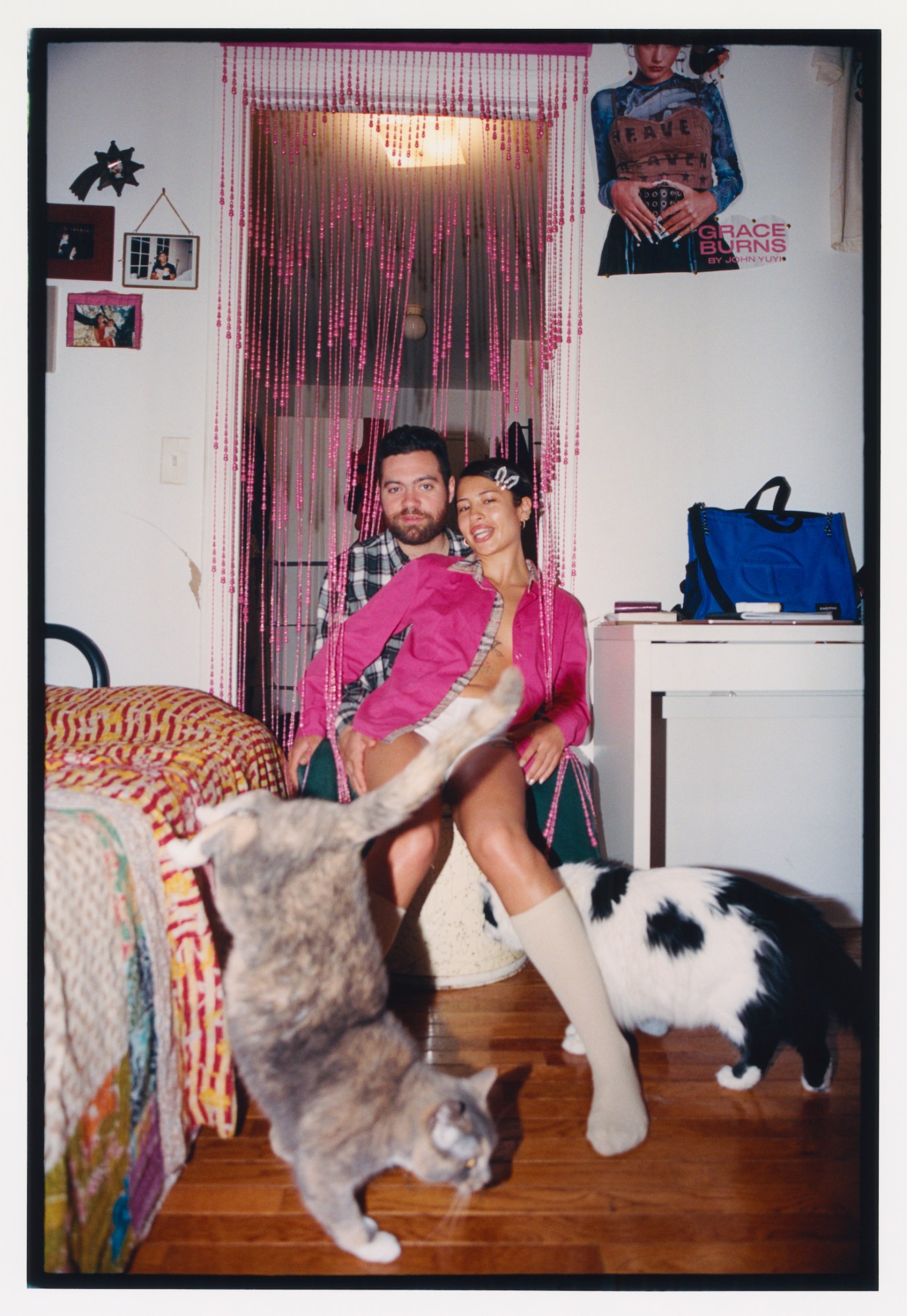 a woman in an open hot pink shirt and white briefs sits on her male partner's lap; two cats jump around in the foreground