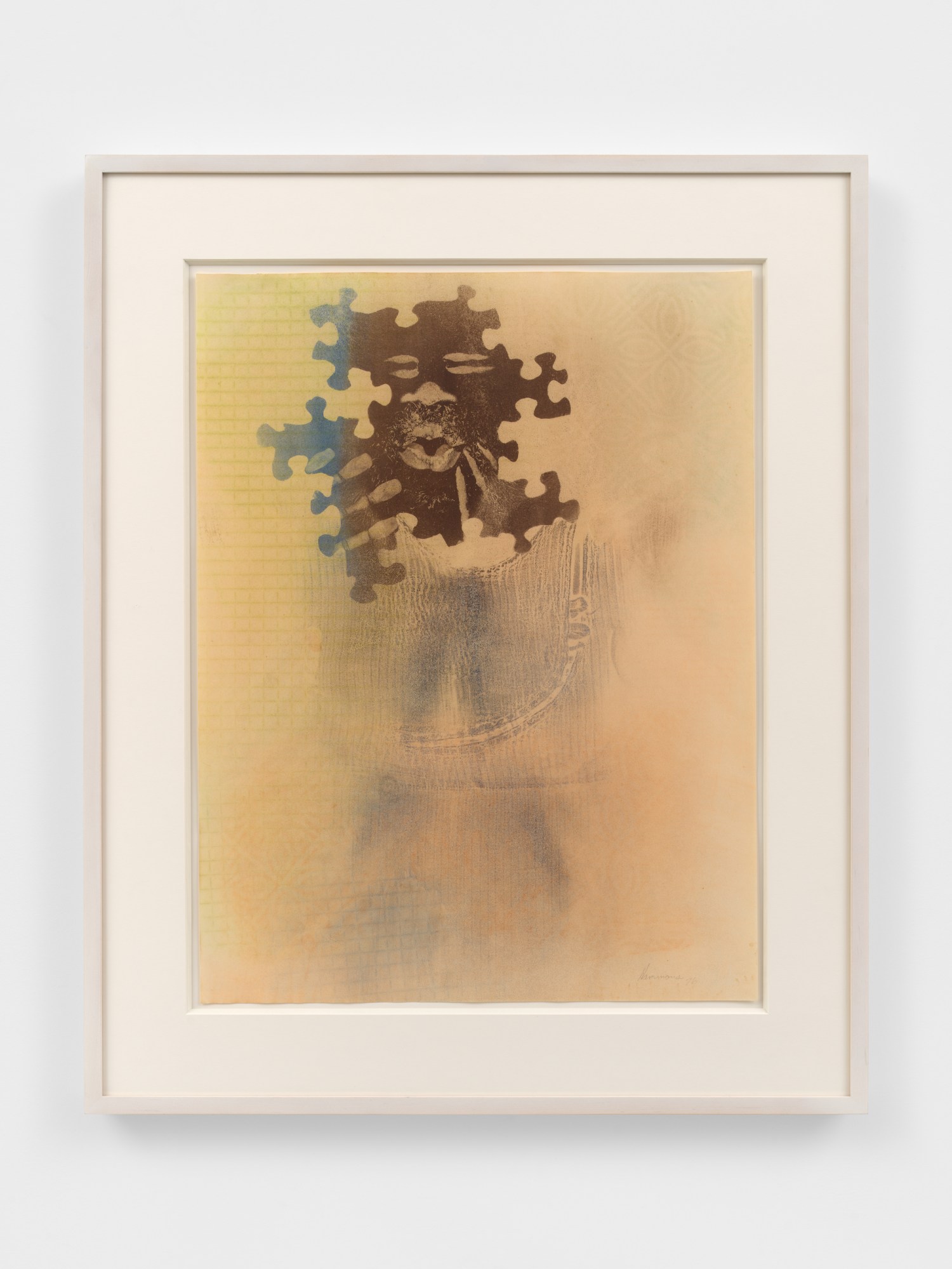 a print by david hammons featuring a face with pursed lips and puzzle piece shapes