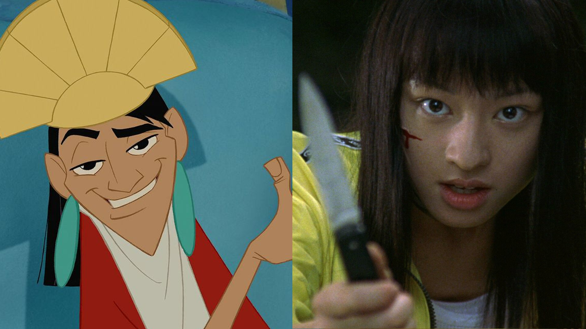 side-by-side stills from 2000 movies Emperor’s New Groove and Battle Royale