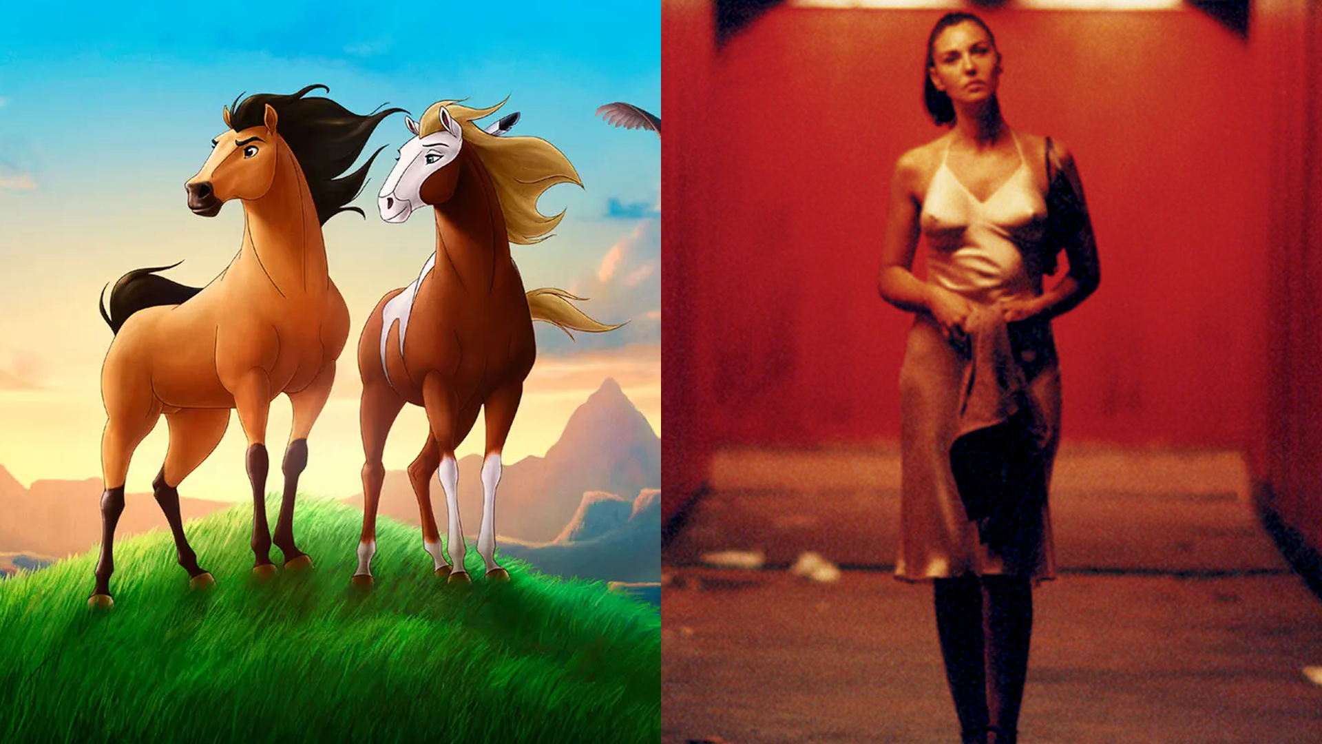 side by side images from the 2002 movies Spirit: Stallion of the Cimarron and Irreversible