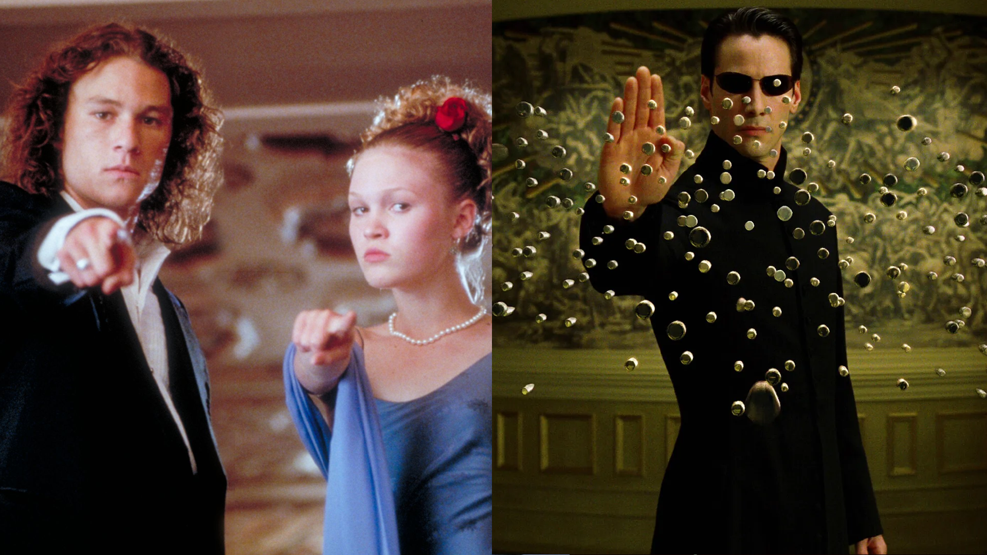 side-by-side stills from 1999 movies 10 Things I Hate About You & The Matrix