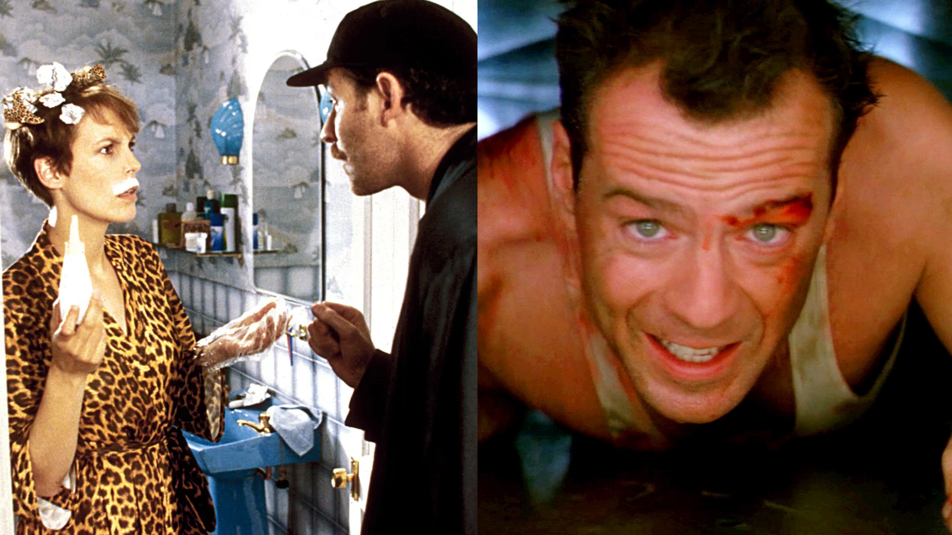 side-by-side stills from 1988 movies A Fish Called Wanda & Die Hard