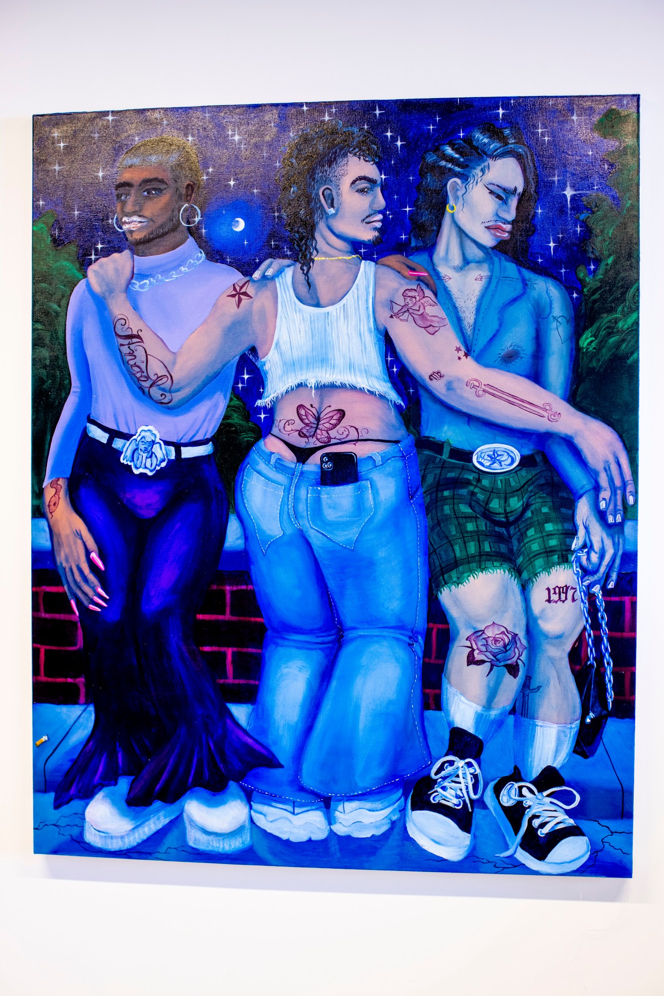 blue painting of three people with tattoos and exposed thongs