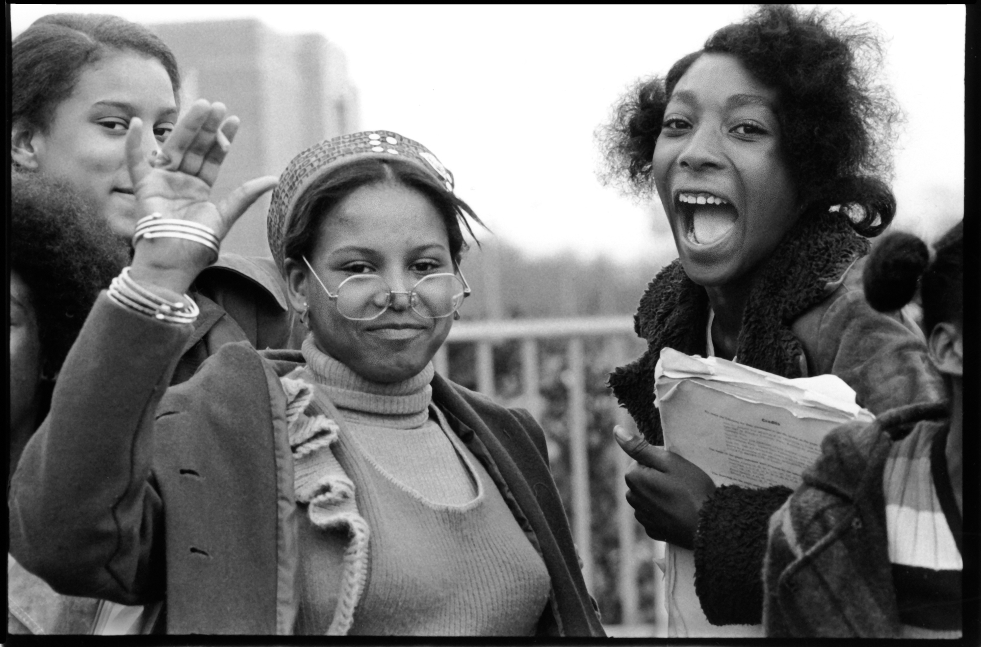 students laughing outside school in long island in 1973