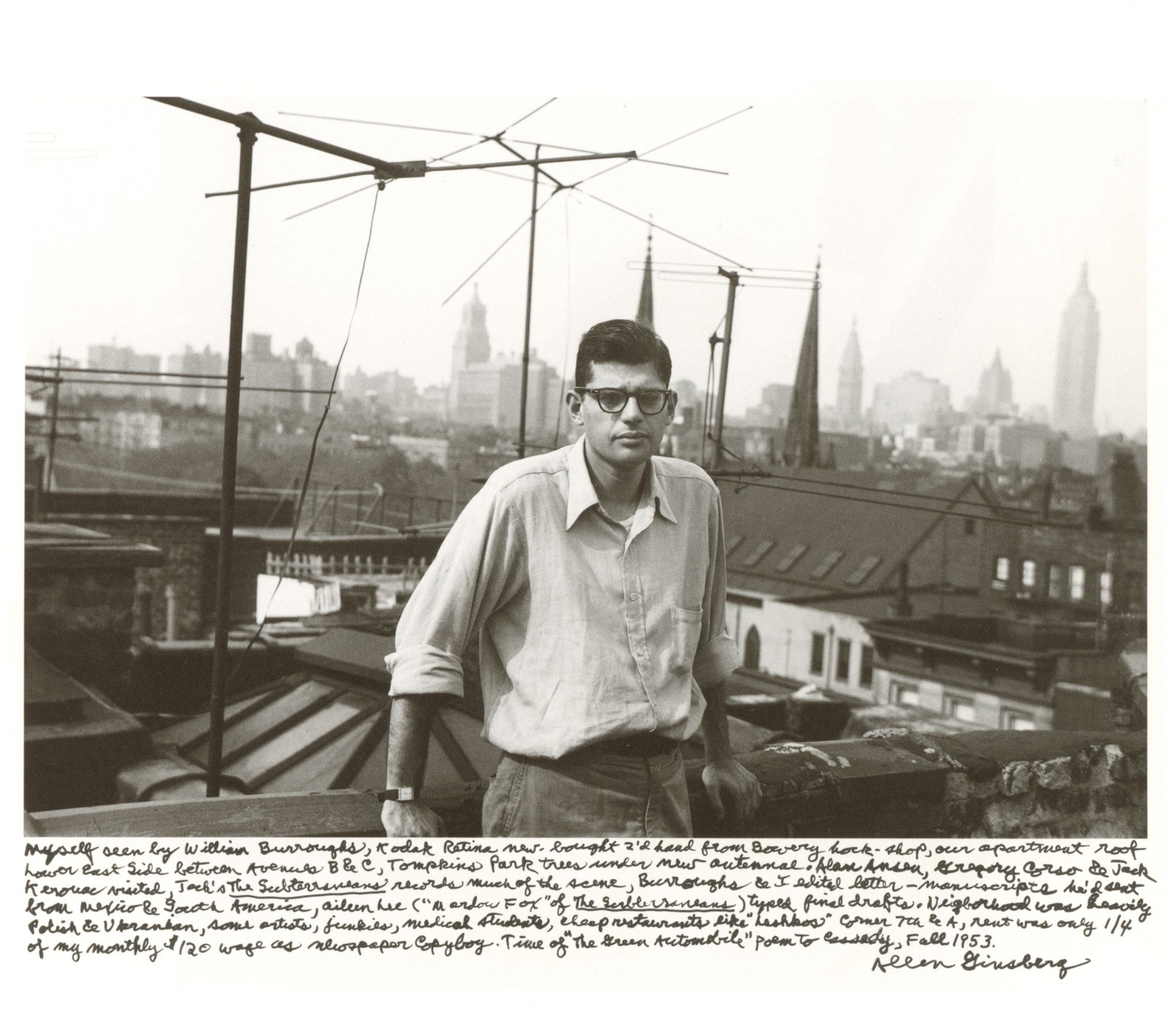 Allen Ginsberg Snapped by W. S. Burroughs, 206 East 7th Street Rooftop, Fall 1953