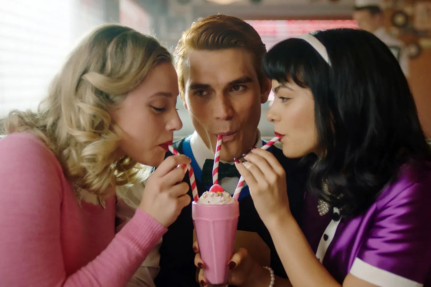 cast of riverdale drinking a milkshake