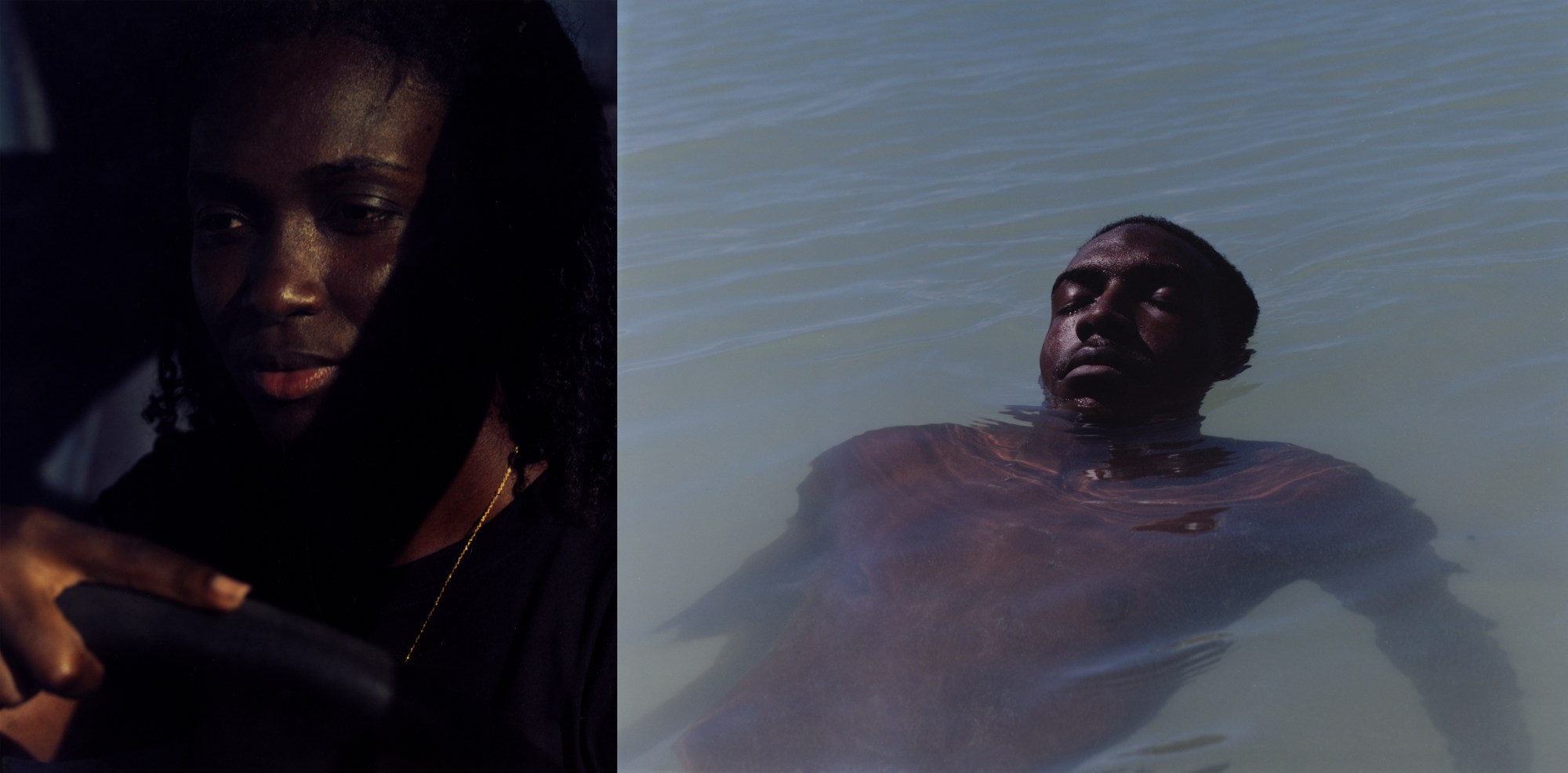 l: woman posing in light and shadows for a portrait; r: man floating in the ocean