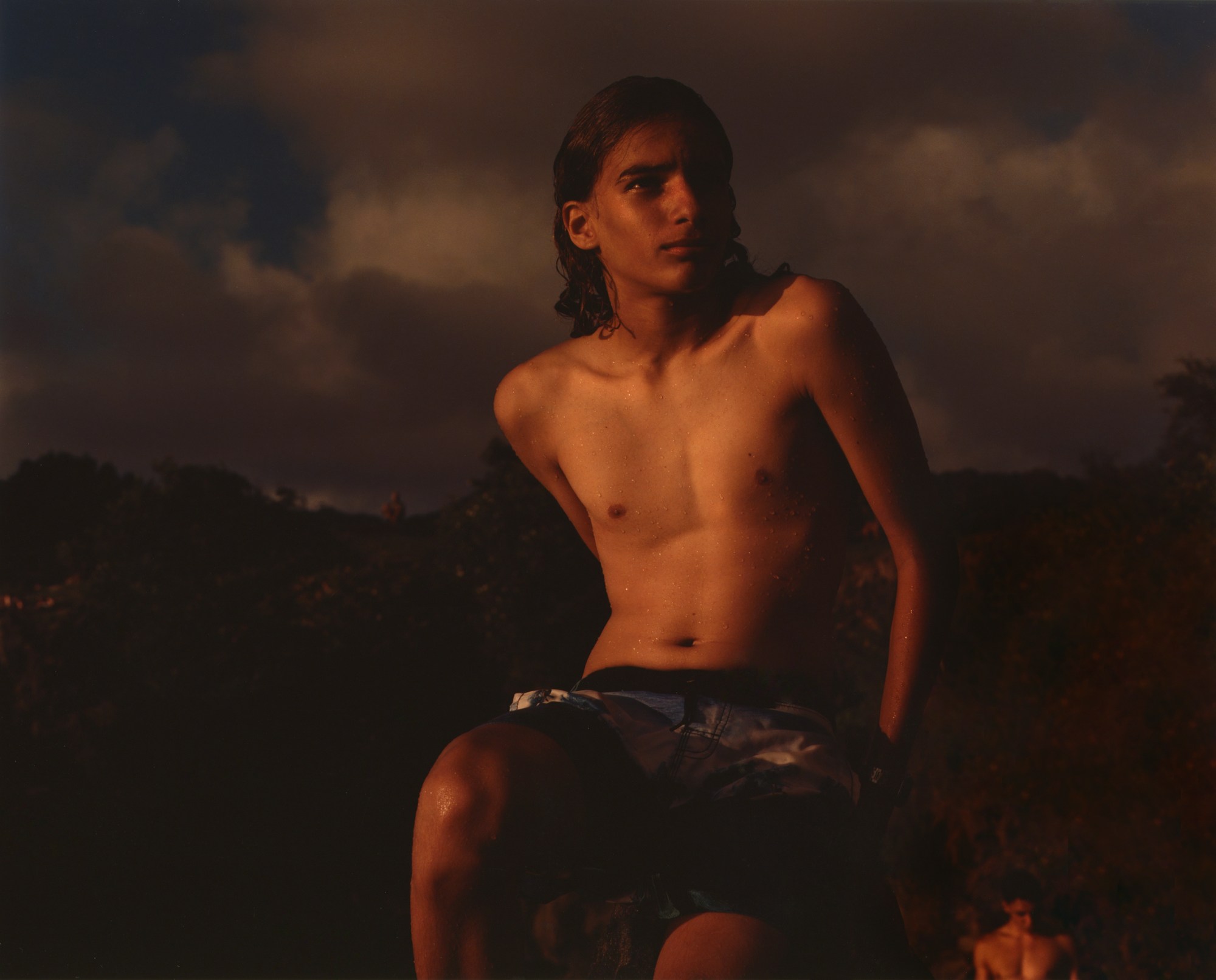 a young boy posing in swim trunks