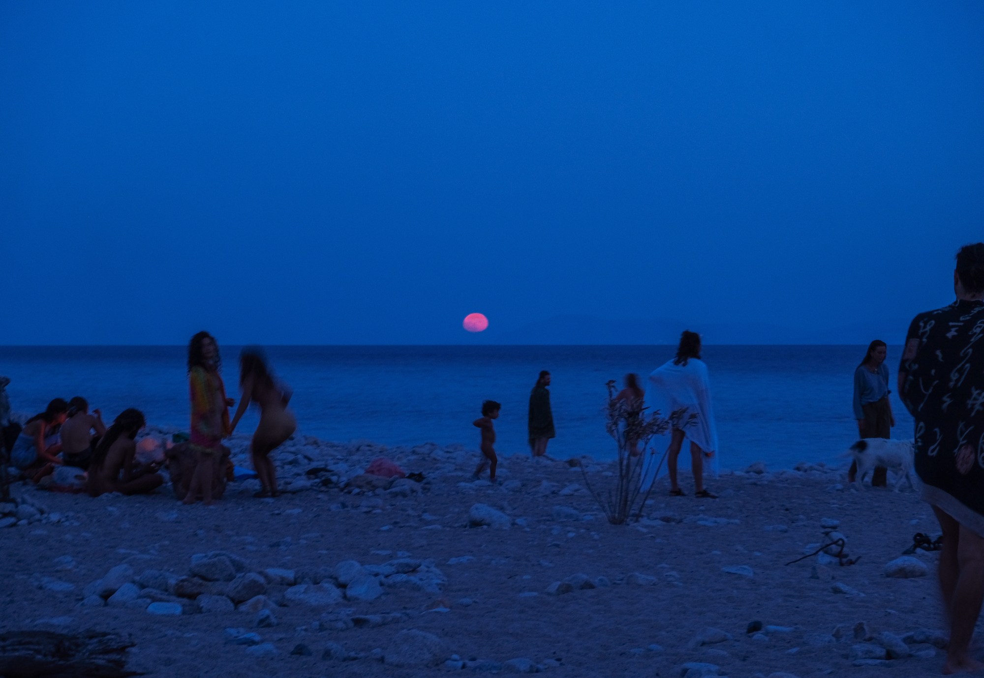 a crowd of people on a blue beach with a pink moon in the distance at nighttime