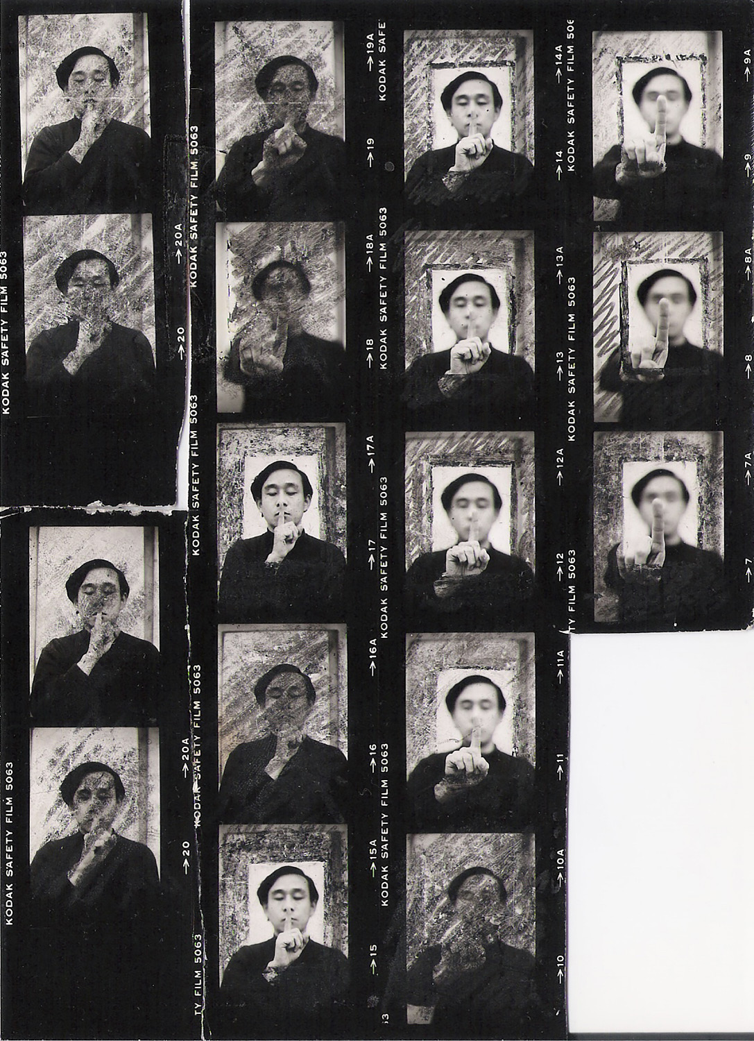 contact sheet of a portrait of a young korean man with his index finger in front of his mouth and reaching to the camera