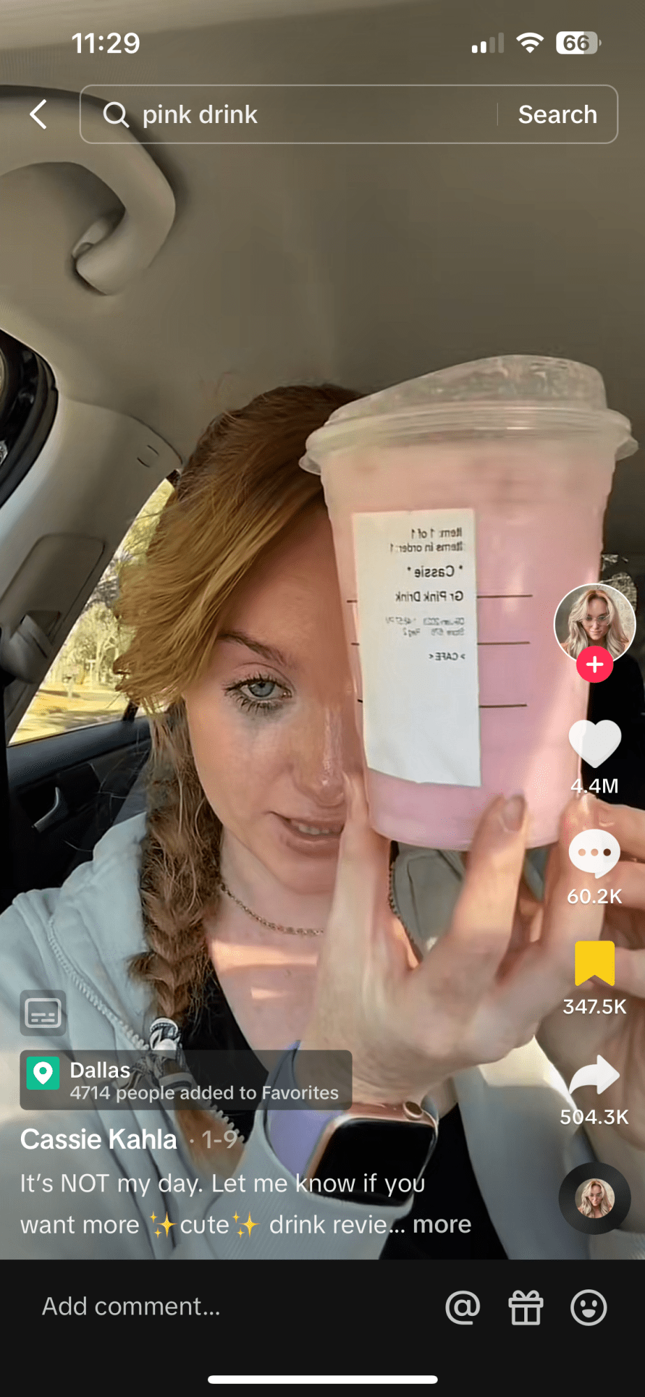 screenshot of a tiktok with a girl crying and drinking pink starbucks