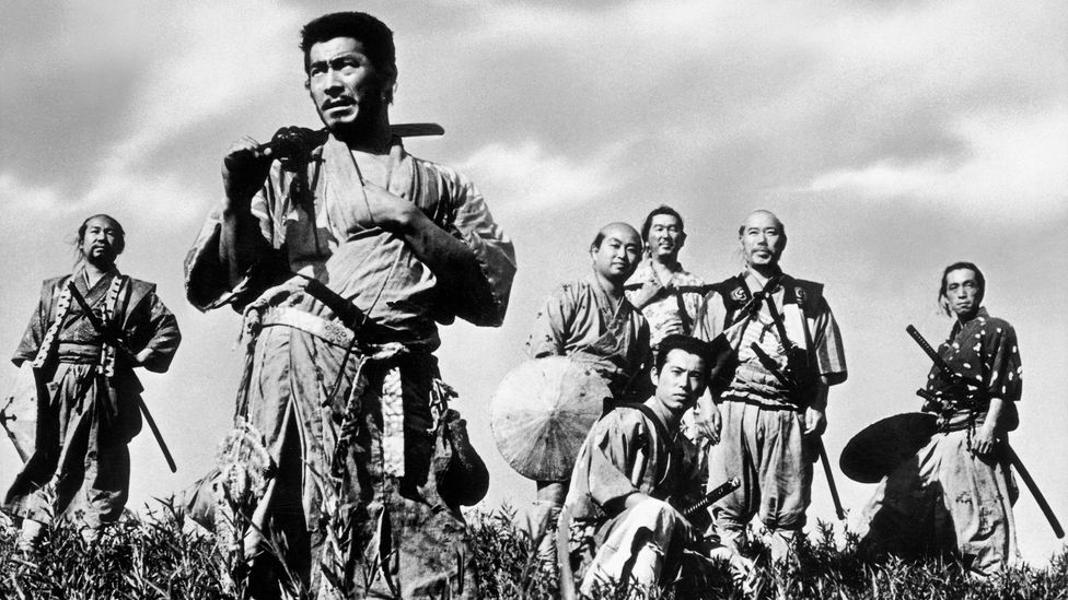 a black and white still from Seven Samurai (1954)