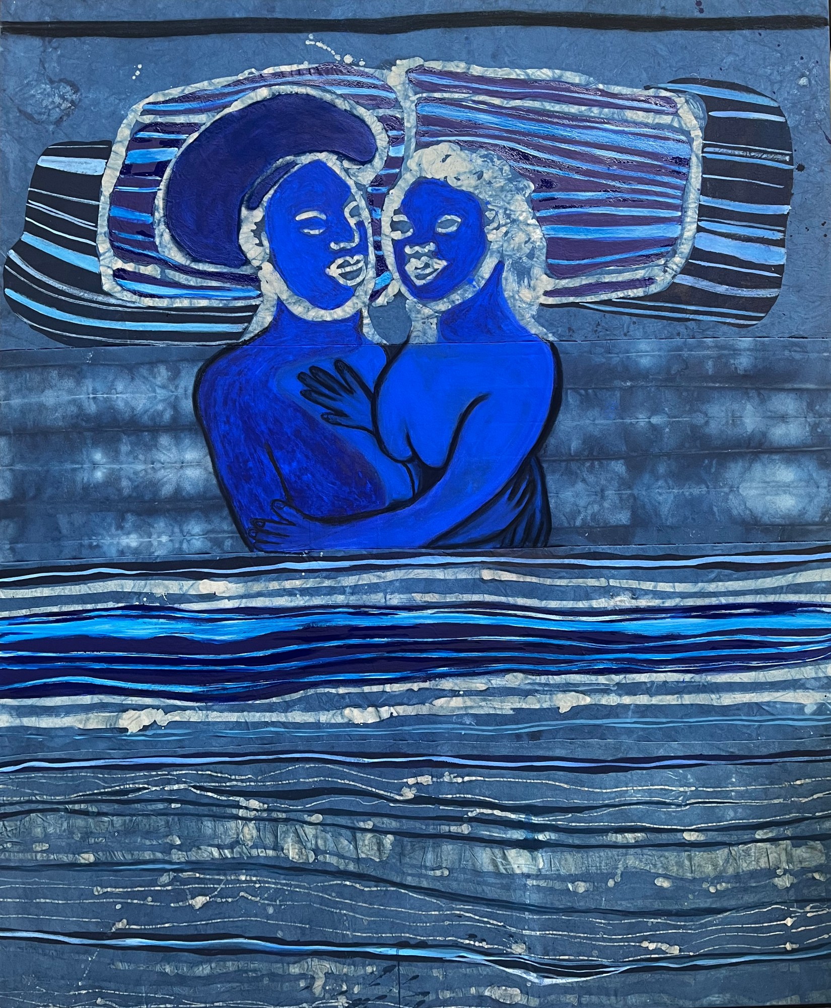 a couple in bed drawn in shades of blue