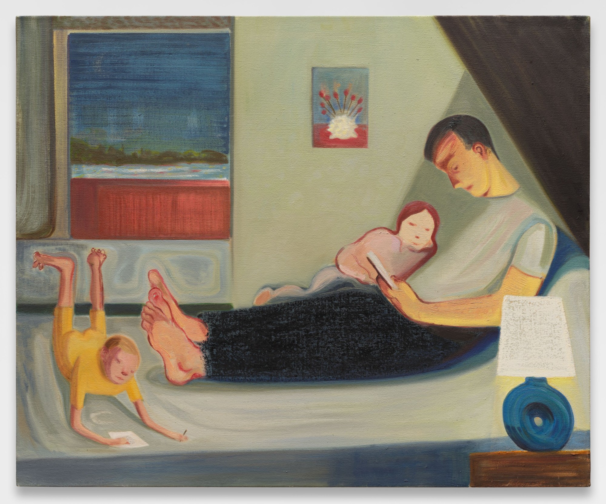 a painting of a man in bed with two young children