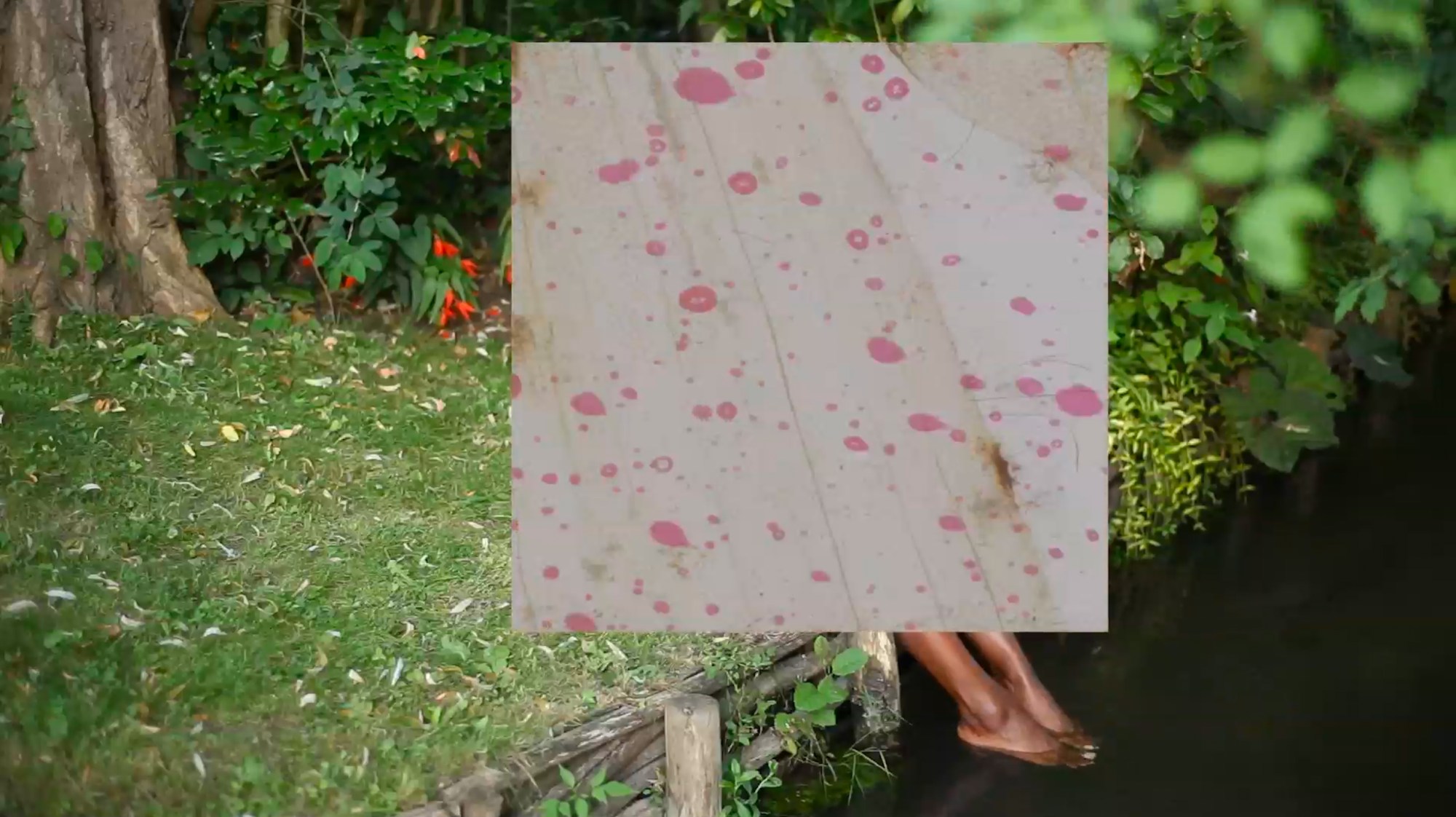 a still of ja'tovia gary in a garden and splattered projection on aa white screen