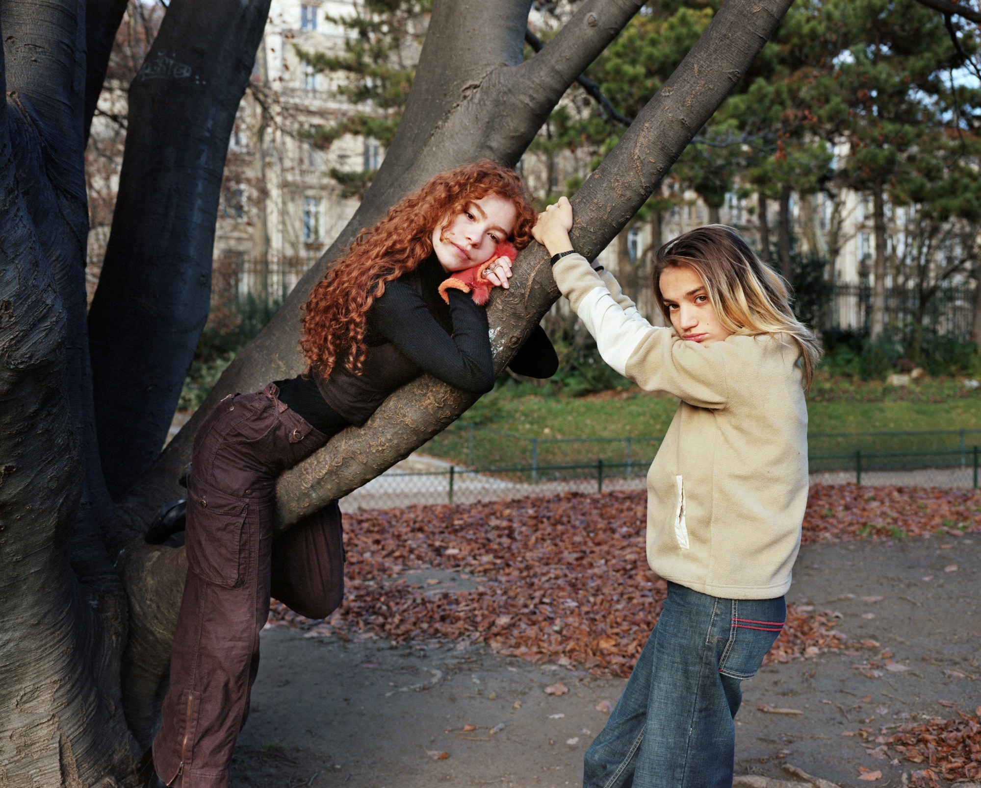 two white teenagers; one with curly red hair, the other blonde, hang from branches of a tree in autumn