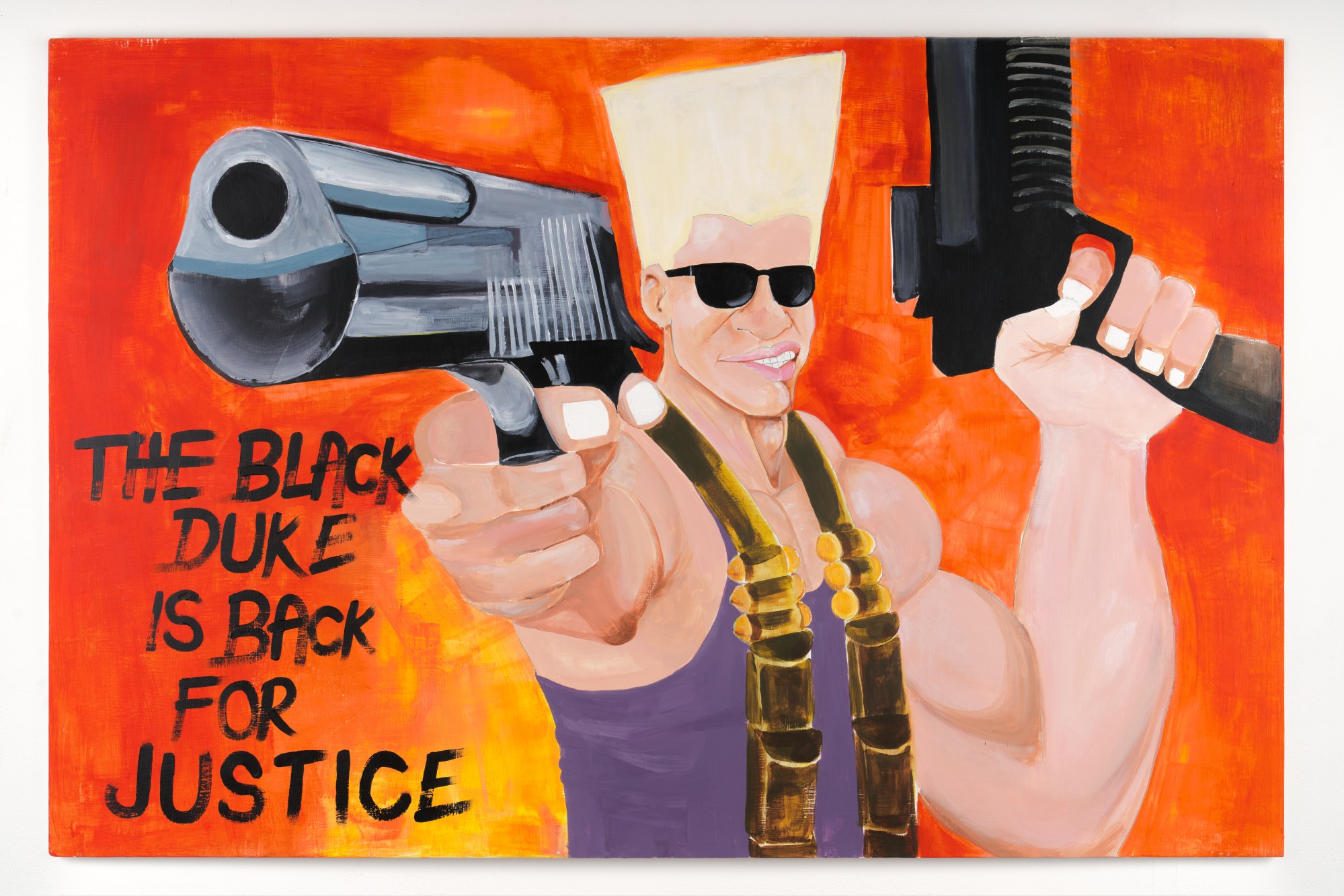 painting of a gun toting blonde man in sunglasses on an orange background