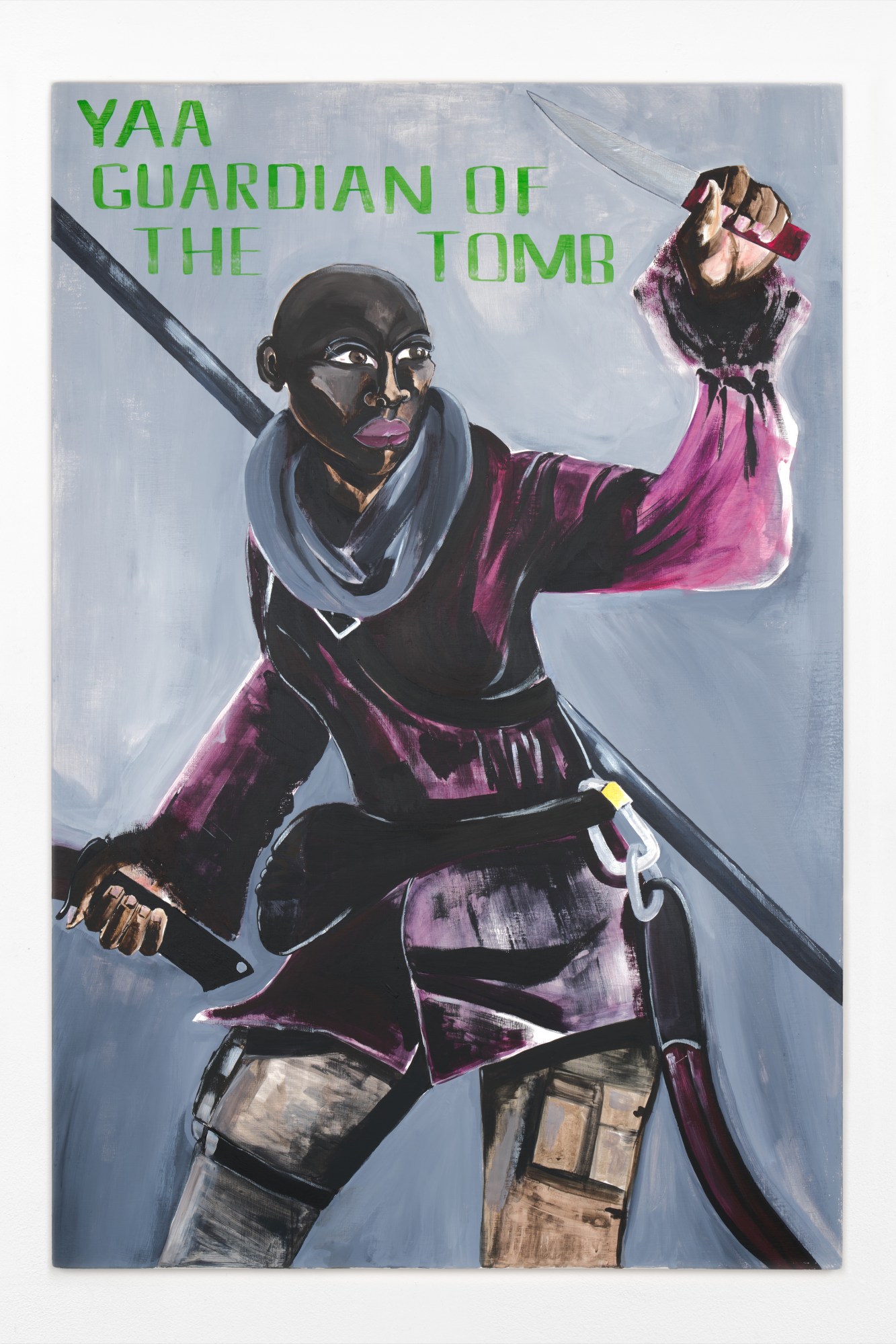 painting of a tomb raider like video game inspired figure in purple armour