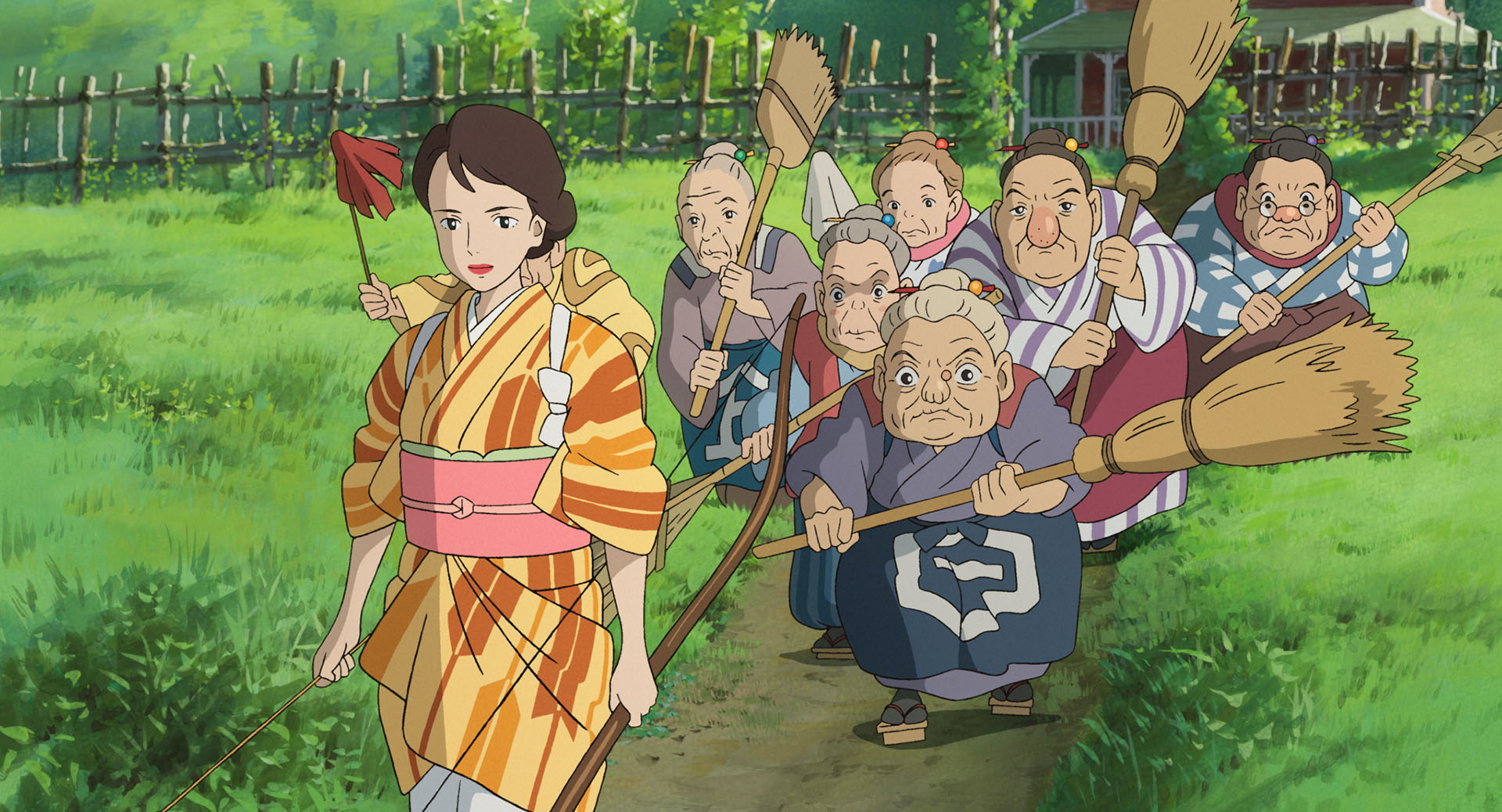 Natsuko, a character in the boy and the heron, marches with six elderly women behind her through a green field