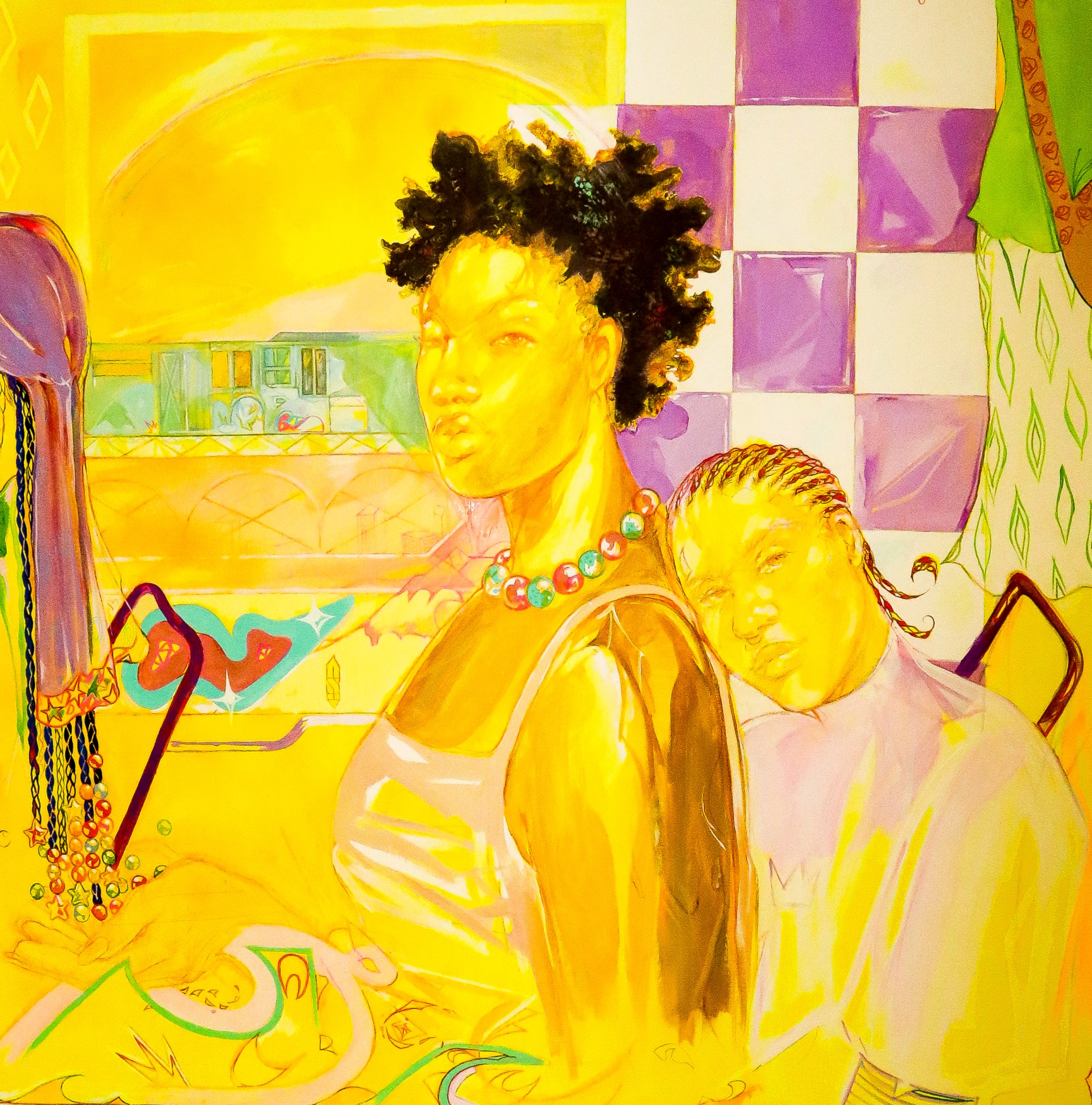 a yellow painting of two women embracing each other