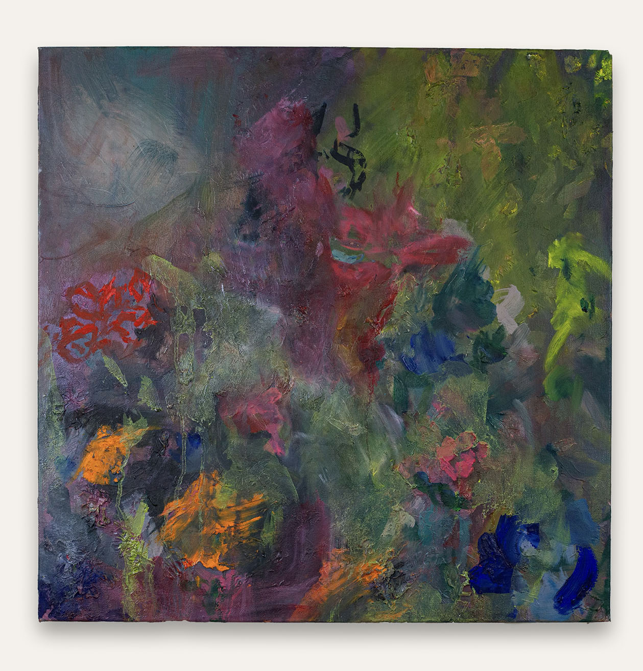 abstract painting featuring strokes of orange, blue, pink, red and purple