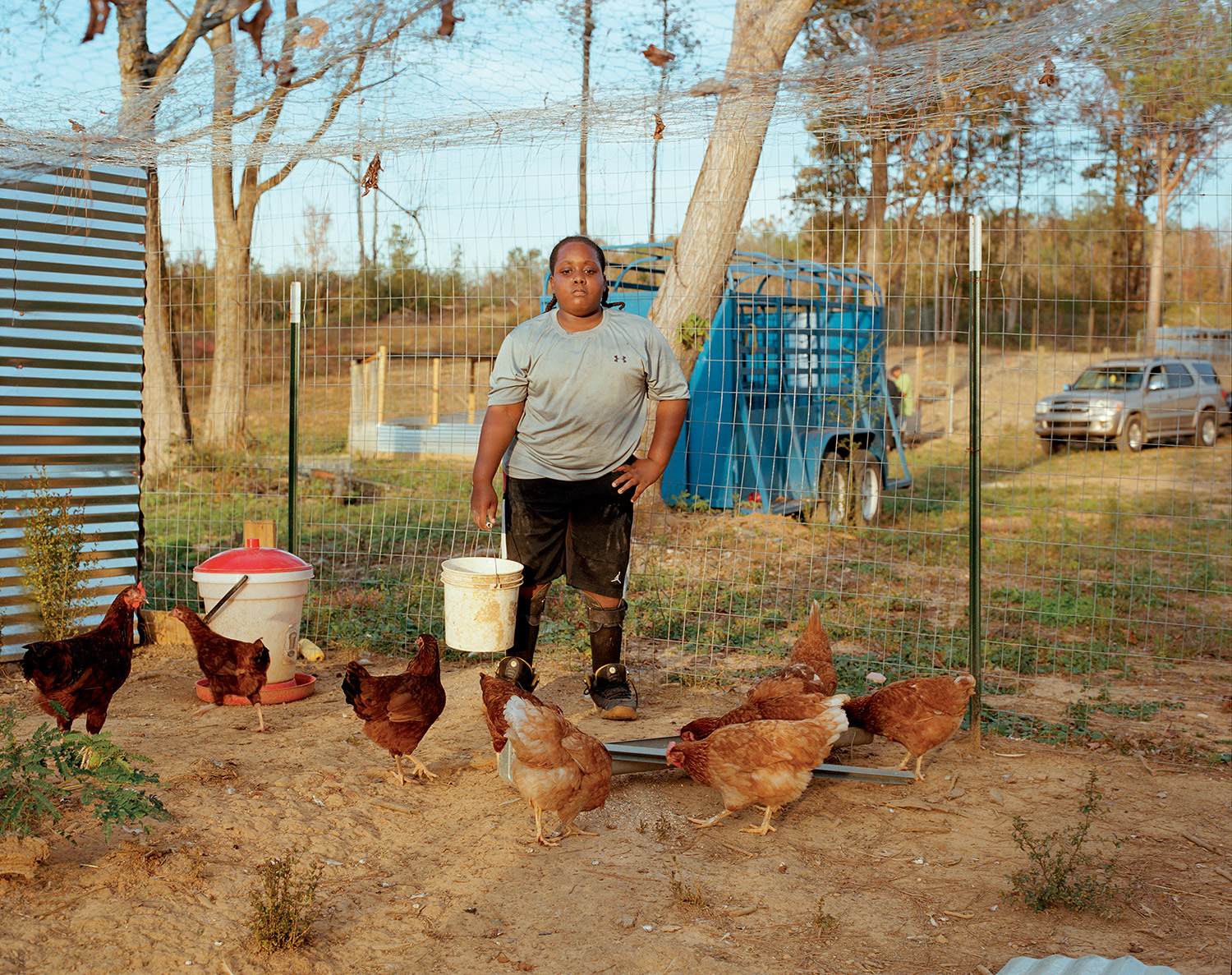 a young boy in basketball shorts stands holding a bucket in a large chicken coop as they peck around him